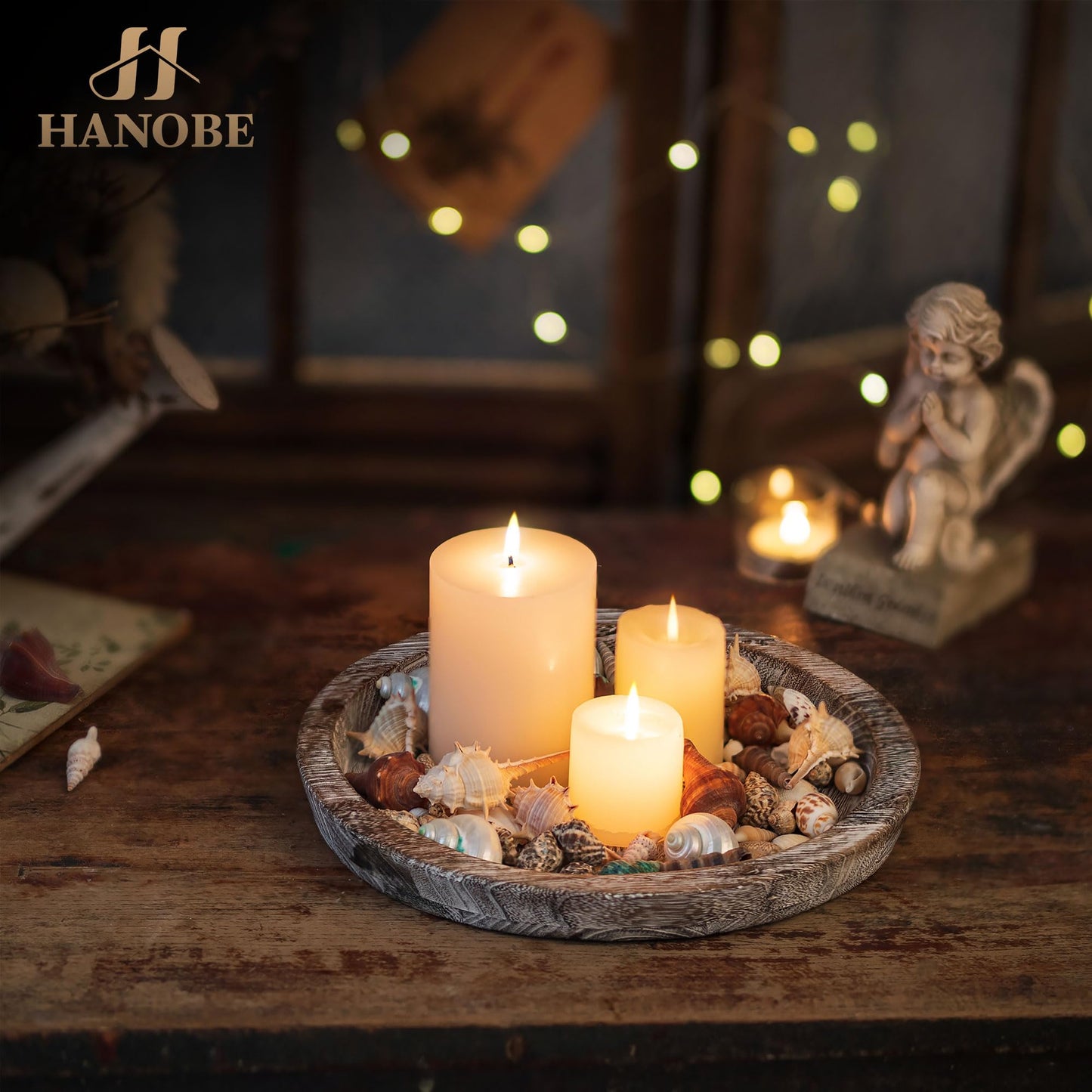 Hanobe Candle Plate Holder Tray: Round Wood Decorative Candle Plate - Rustic Farmhouse CoffeeTable Decor - Tealight Pillar Trays for Home Decor (Distressed)