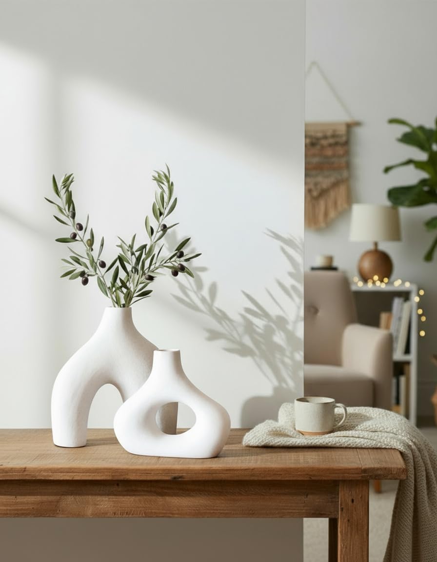 Carrot's Den Donut Vase, Set of 2 - White Large Ceramic Vase - Minimalist Nordic, Hollow | Table Centerpiece, Olive Plant, Wedding, Living Room, Bookshelf, Office, Modern Home, Entryway, Console