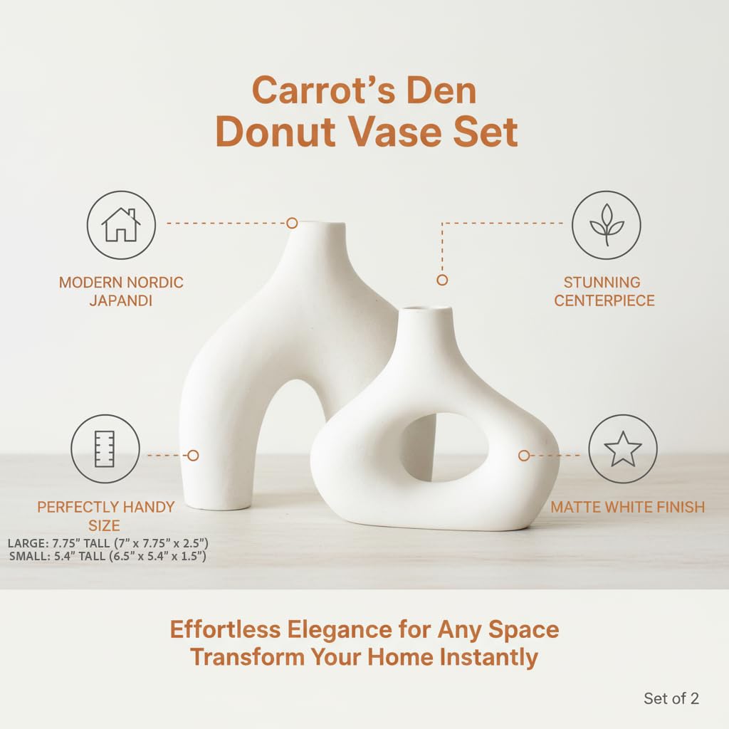 Carrot's Den Donut Vase, Set of 2 - White Large Ceramic Vase - Minimalist Nordic, Hollow | Table Centerpiece, Olive Plant, Wedding, Living Room, Bookshelf, Office, Modern Home, Entryway, Console