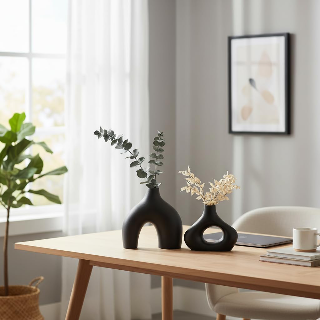 Carrot's Den Donut Vase, Set of 2 - White Large Ceramic Vase - Minimalist Nordic, Hollow | Table Centerpiece, Olive Plant, Wedding, Living Room, Bookshelf, Office, Modern Home, Entryway, Console