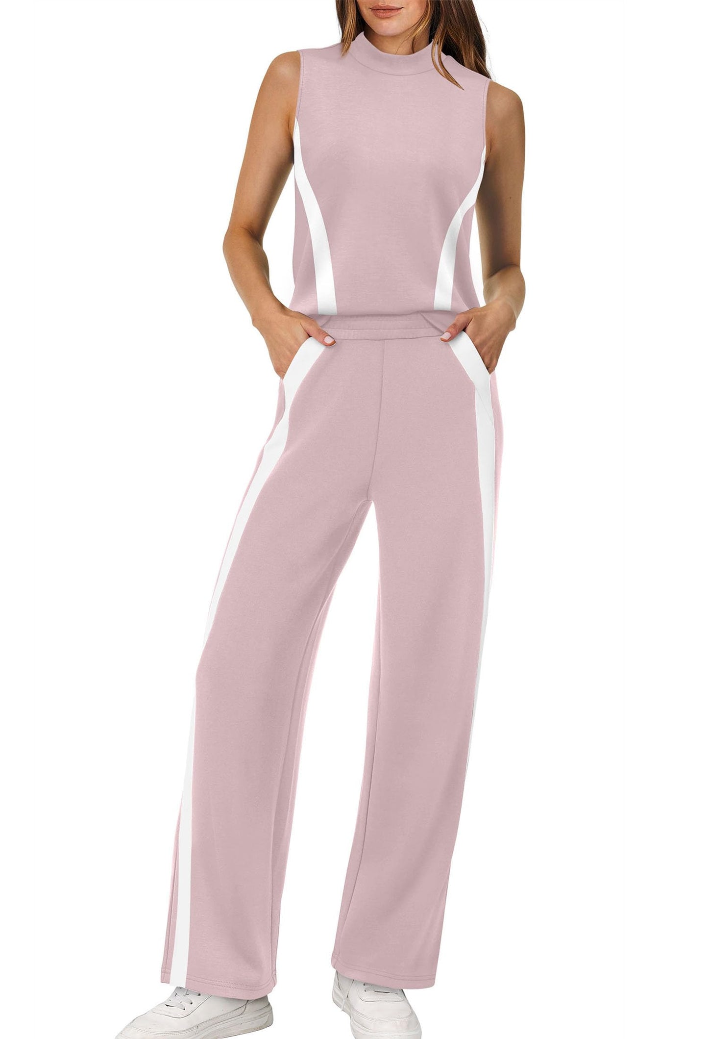 XIEERDUO Two Piece Sets for Women Summer Outfits Travel Mock Neck Lounge Sets Wide Leg Pants Beach Vacation Clothes