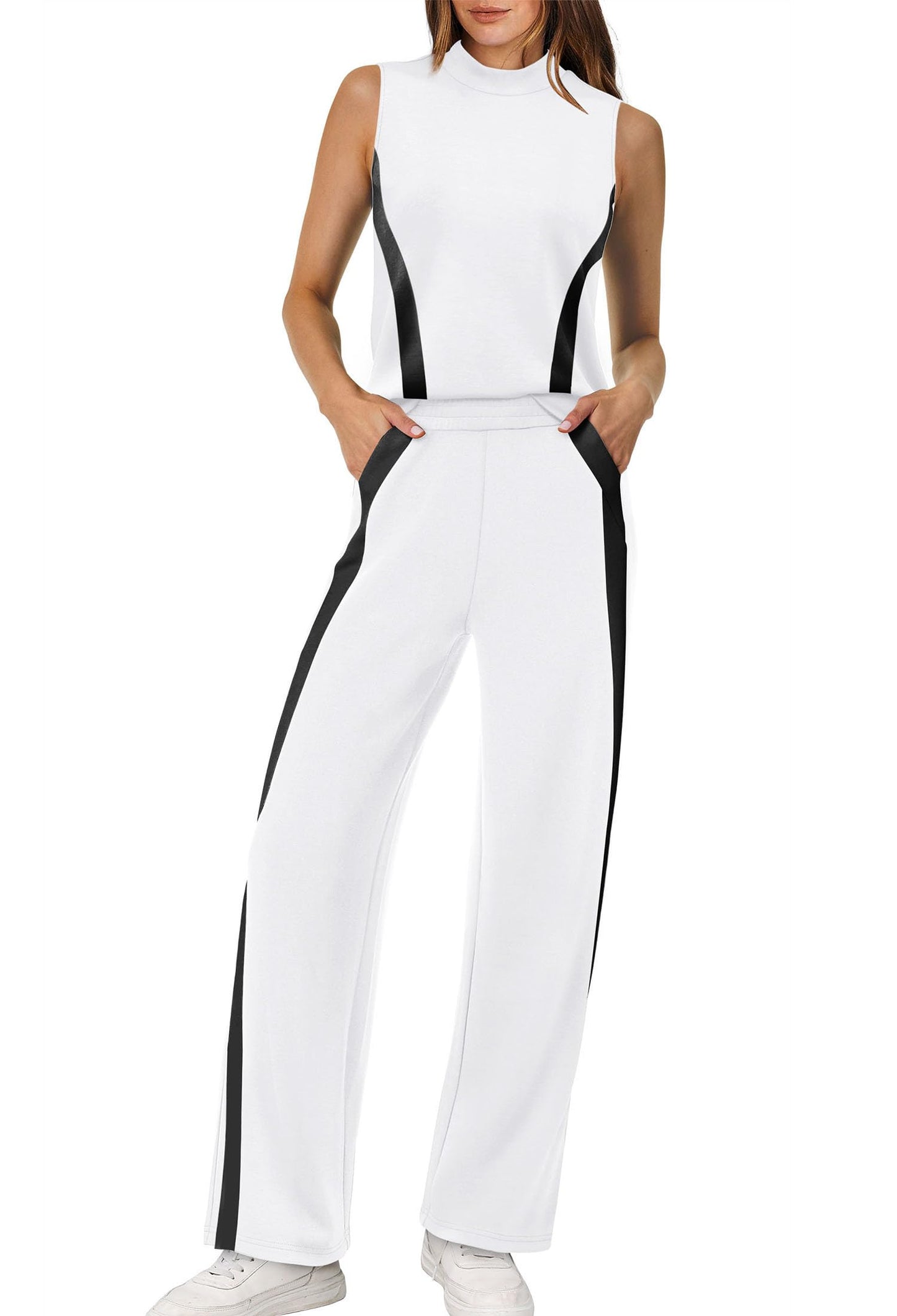 XIEERDUO Two Piece Sets for Women Summer Outfits Travel Mock Neck Lounge Sets Wide Leg Pants Beach Vacation Clothes
