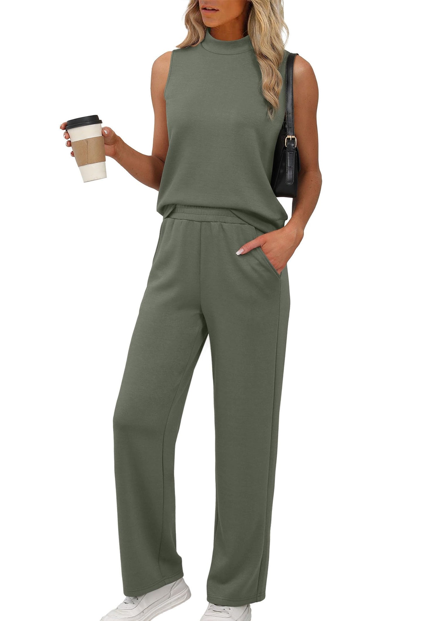 XIEERDUO Two Piece Sets for Women Summer Outfits Travel Mock Neck Lounge Sets Wide Leg Pants Beach Vacation Clothes