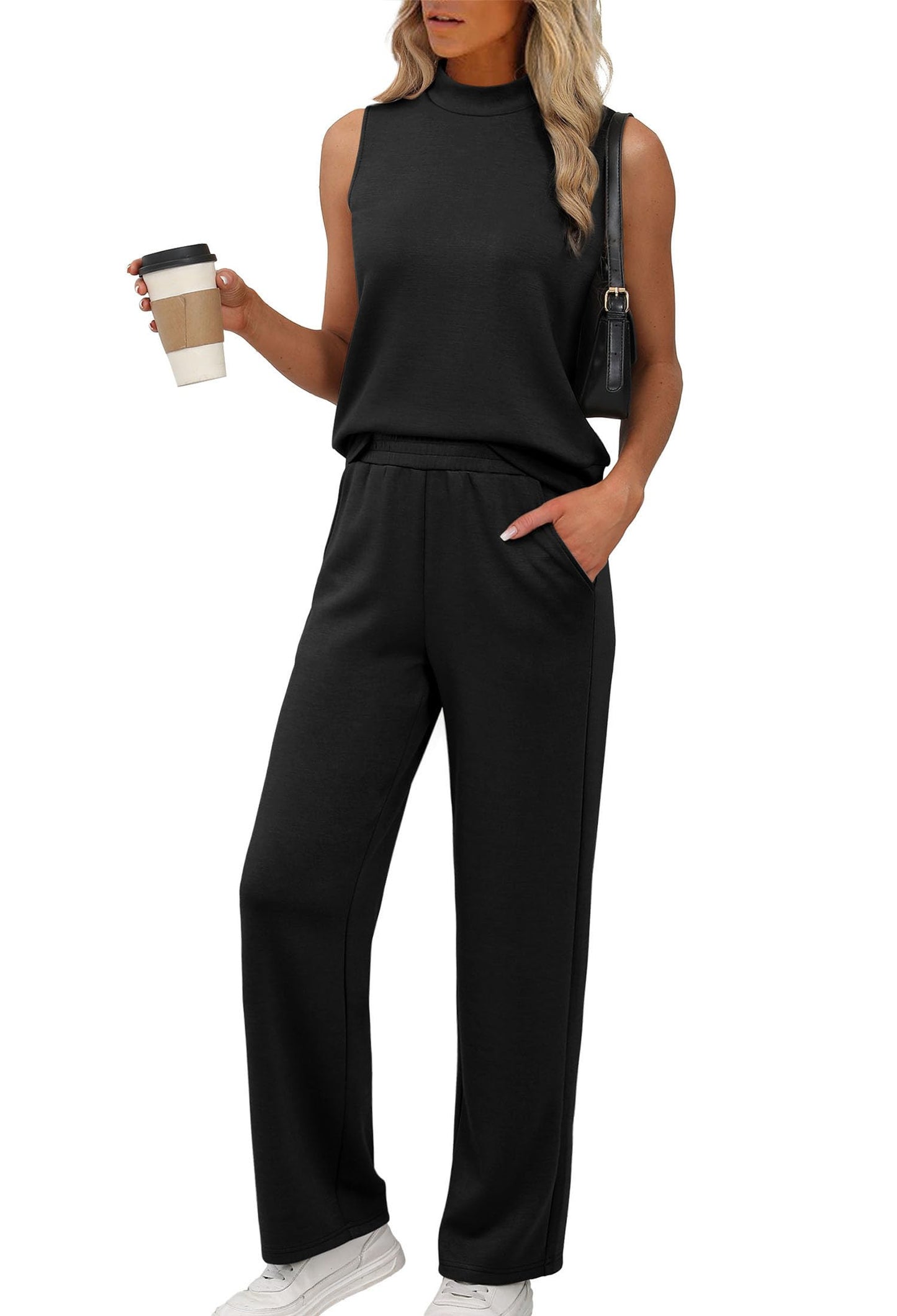 XIEERDUO Two Piece Sets for Women Summer Outfits Travel Mock Neck Lounge Sets Wide Leg Pants Beach Vacation Clothes