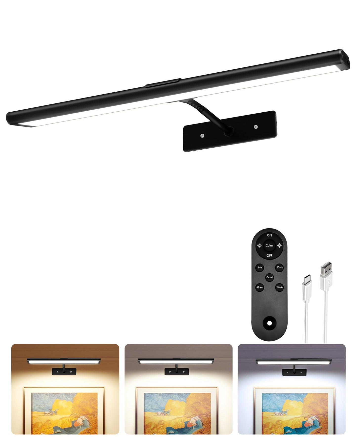 EZVALO Picture Light for Wall, 4800mAh Rechargeable Wireless Remote, 16in Dimmable Magnetic LED Art Display Light with 3 Color Temperatures, for Gallery, Living Room, Bedroom, Hallway (Gold)
