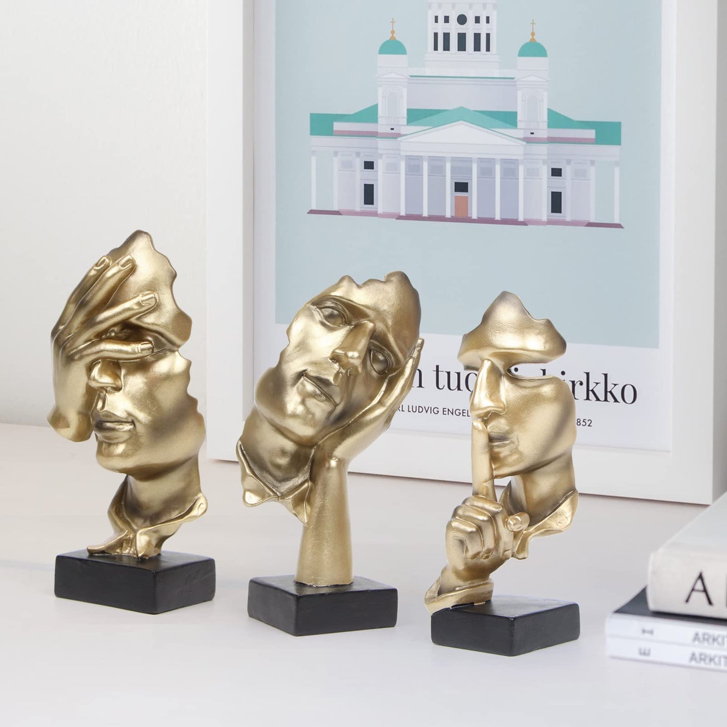 3 Pcs Thinker Statue,Modern Home Resin Sculptures,Collectible Figurines for Home Office Bookshelf Desktop Decor(Sandstone)