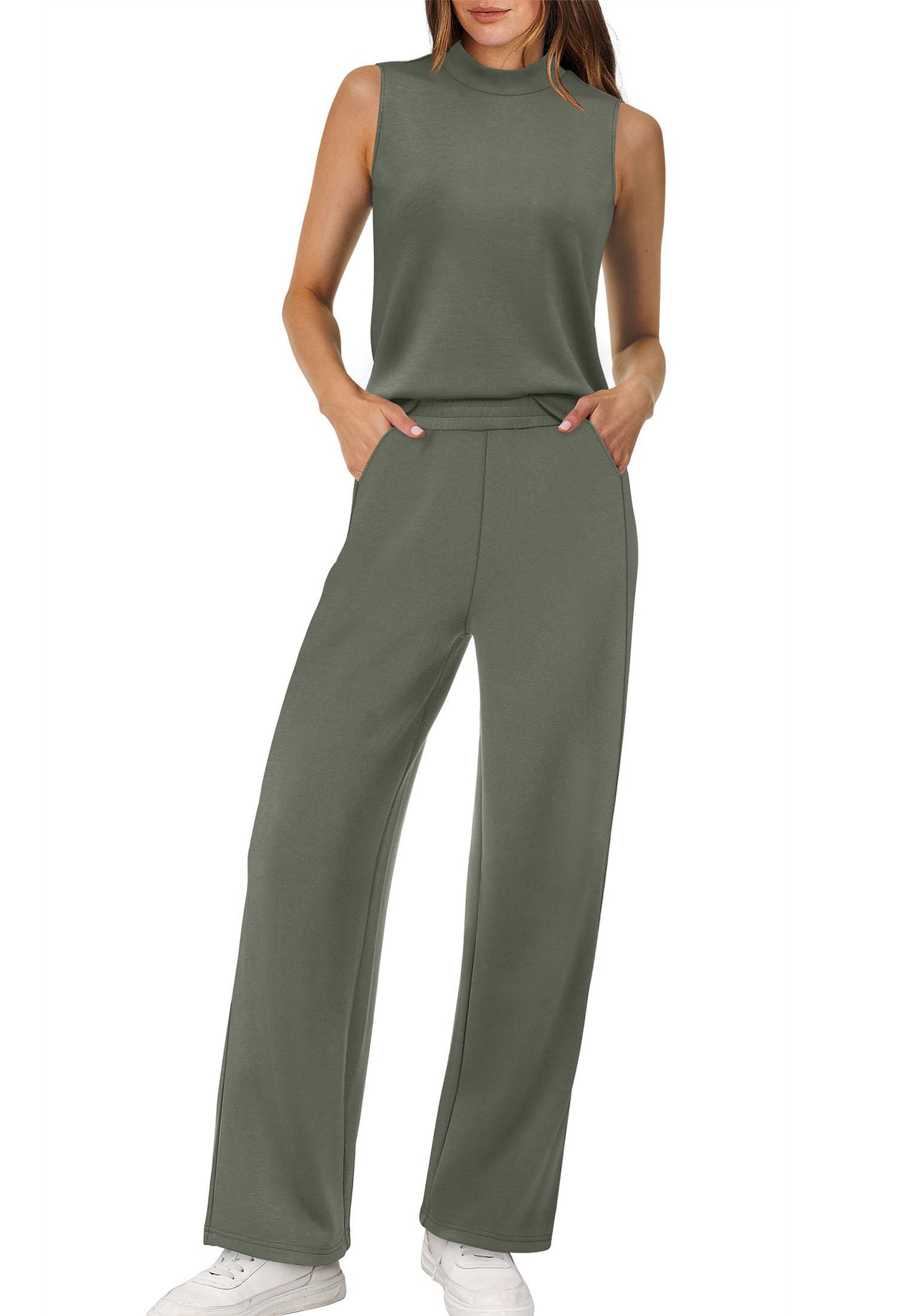 XIEERDUO Two Piece Sets for Women Summer Outfits Travel Mock Neck Lounge Sets Wide Leg Pants Beach Vacation Clothes