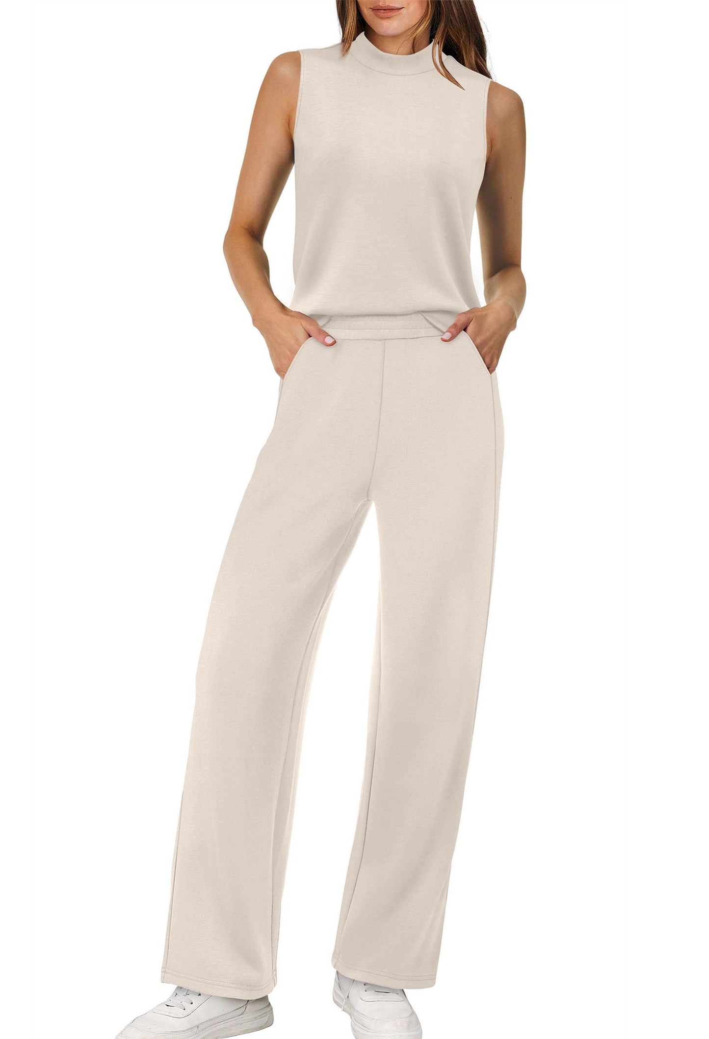 XIEERDUO Two Piece Sets for Women Summer Outfits Travel Mock Neck Lounge Sets Wide Leg Pants Beach Vacation Clothes