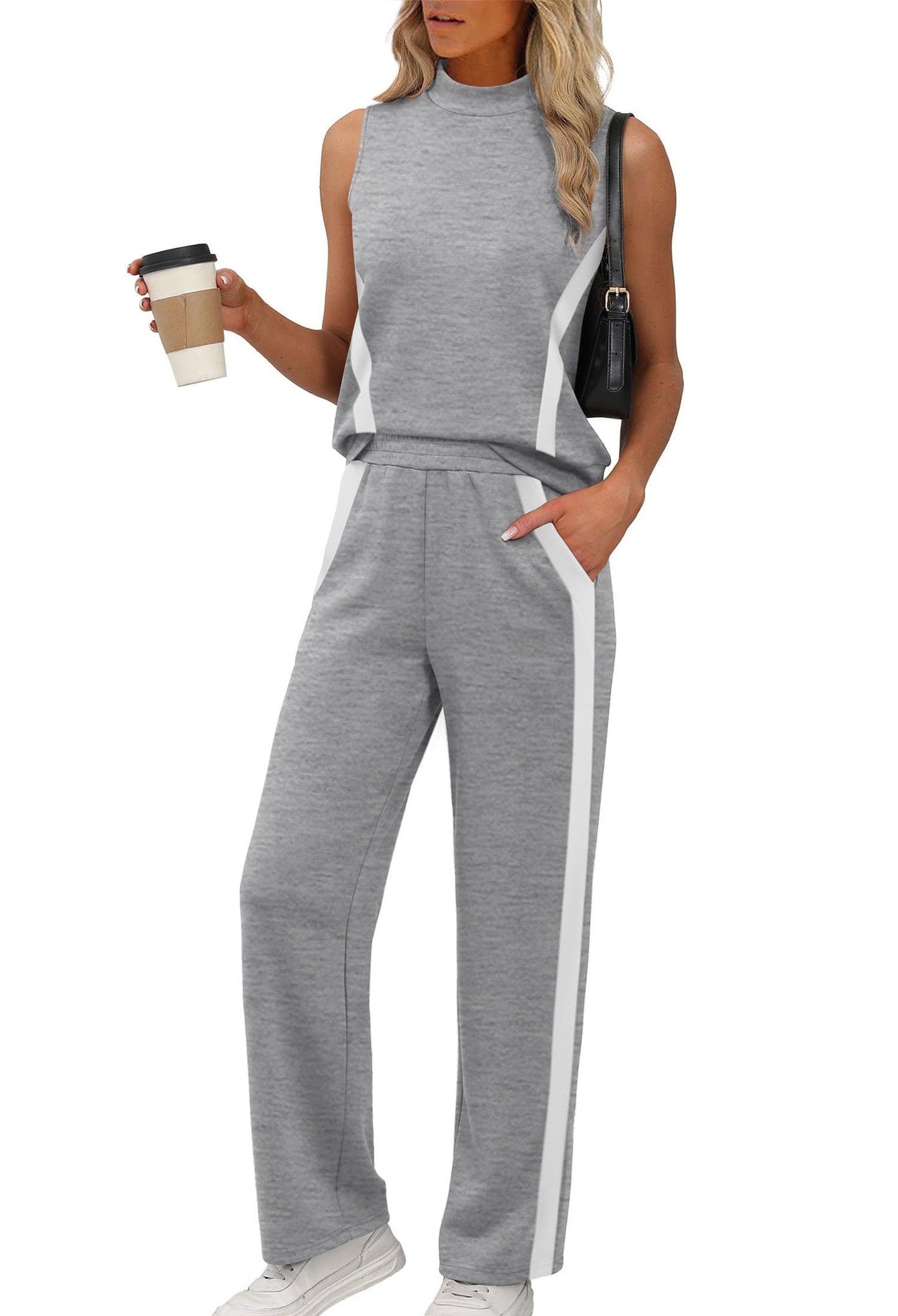 XIEERDUO Two Piece Sets for Women Summer Outfits Travel Mock Neck Lounge Sets Wide Leg Pants Beach Vacation Clothes