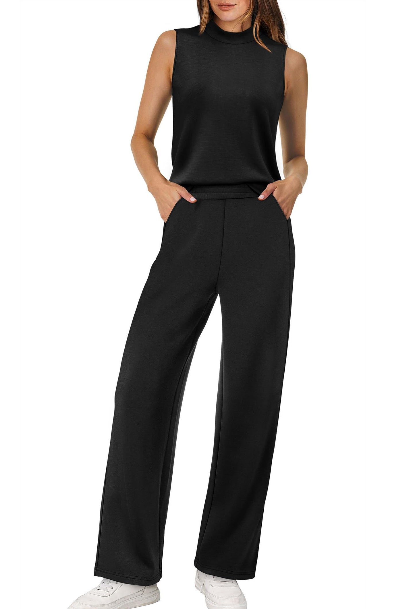 XIEERDUO Two Piece Sets for Women Summer Outfits Travel Mock Neck Lounge Sets Wide Leg Pants Beach Vacation Clothes