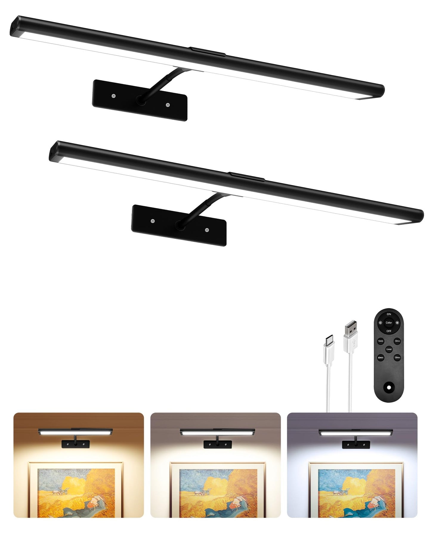 EZVALO Picture Light for Wall, 4800mAh Rechargeable Wireless Remote, 16in Dimmable Magnetic LED Art Display Light with 3 Color Temperatures, for Gallery, Living Room, Bedroom, Hallway (Gold)