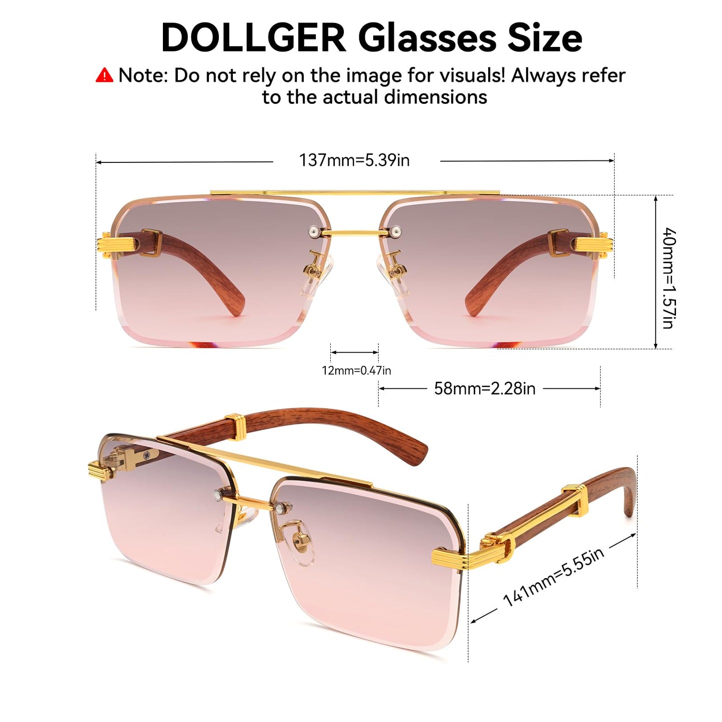 Dollger Rimless Sunglasses for Men Square Fashion Shades Tinted Lens Metal Frameless Rectangle Glasses UV400