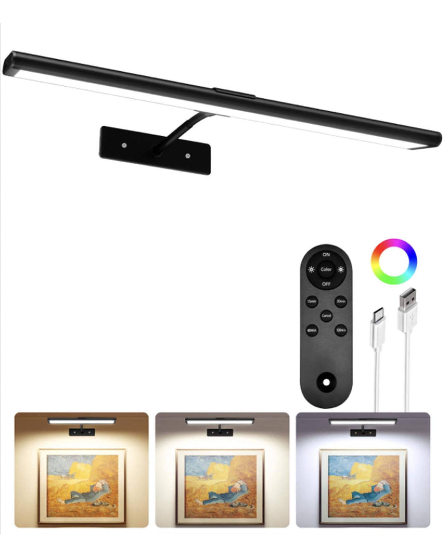 EZVALO Picture Light for Wall, 4800mAh Rechargeable Wireless Remote, 16in Dimmable Magnetic LED Art Display Light with 3 Color Temperatures, for Gallery, Living Room, Bedroom, Hallway (Gold)