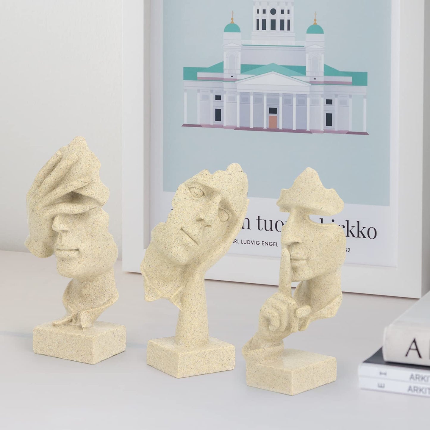 3 Pcs Thinker Statue,Modern Home Resin Sculptures,Collectible Figurines for Home Office Bookshelf Desktop Decor(Sandstone)