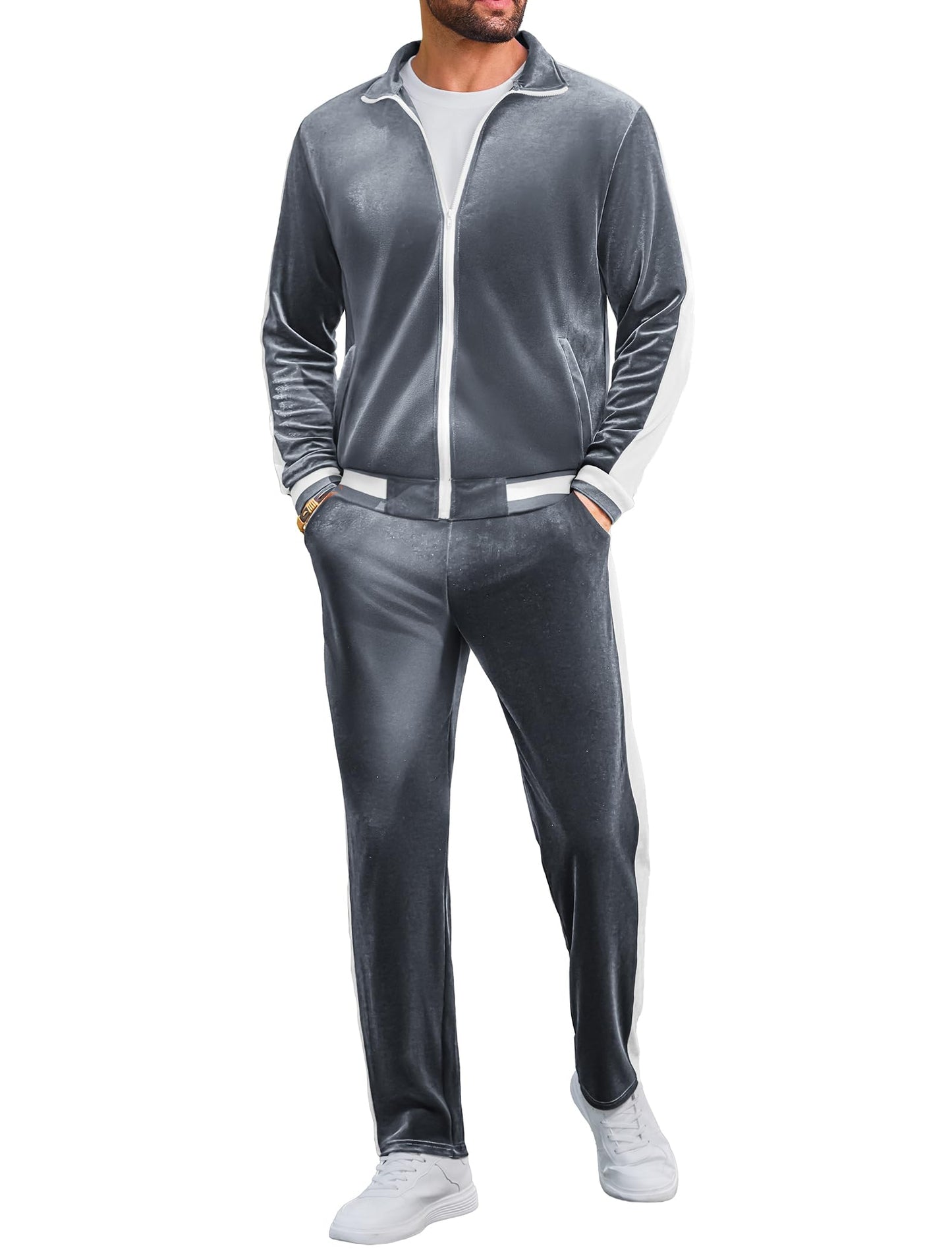 Vssjavun Men's 2 Piece Tracksuit Velour Track Suits Casual Sweatsuits Full Zip Velvet Jogging Suit Sets