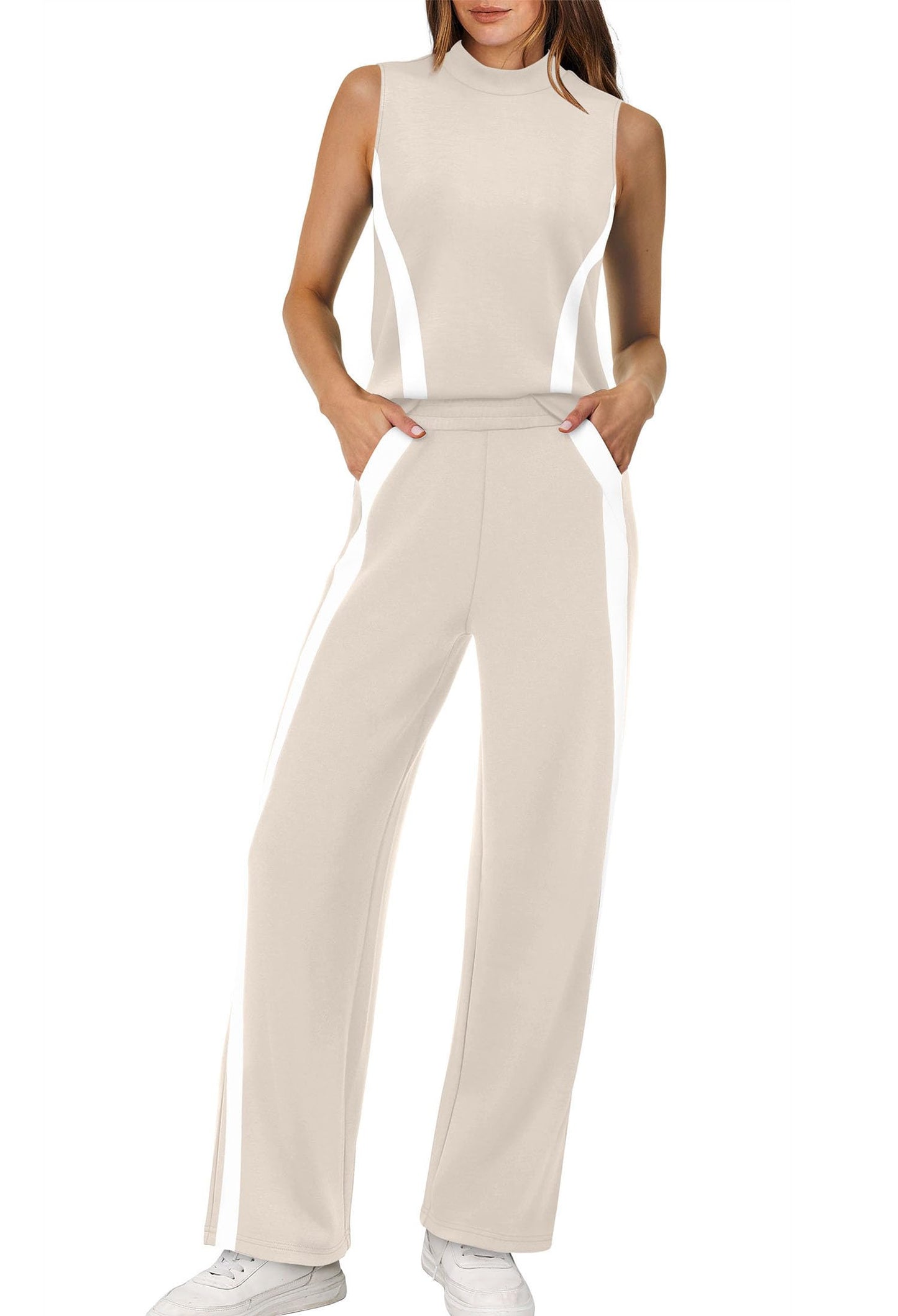 XIEERDUO Two Piece Sets for Women Summer Outfits Travel Mock Neck Lounge Sets Wide Leg Pants Beach Vacation Clothes