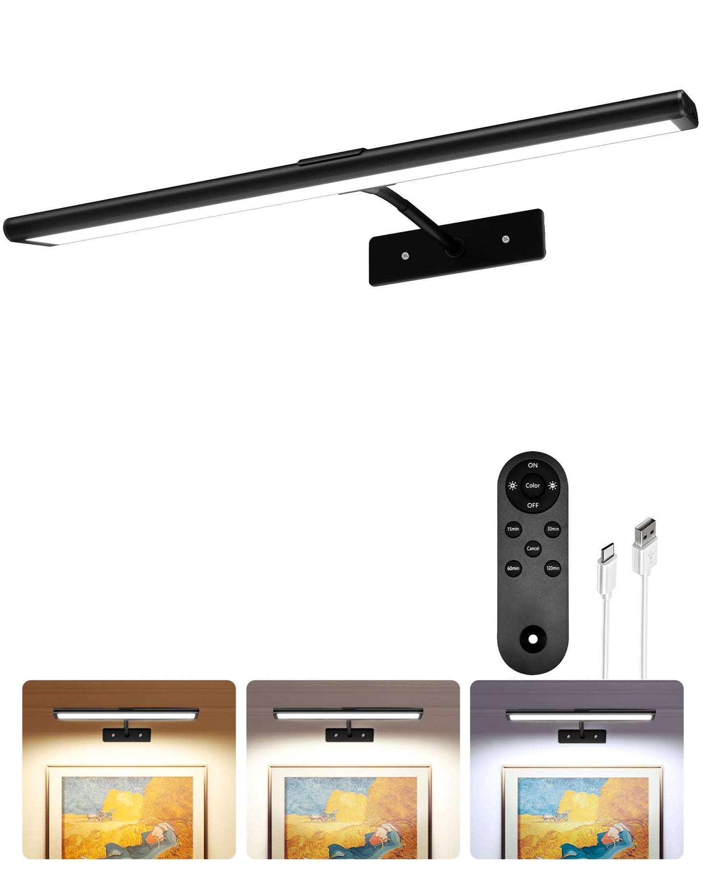 EZVALO Picture Light for Wall, 4800mAh Rechargeable Wireless Remote, 16in Dimmable Magnetic LED Art Display Light with 3 Color Temperatures, for Gallery, Living Room, Bedroom, Hallway (Gold)