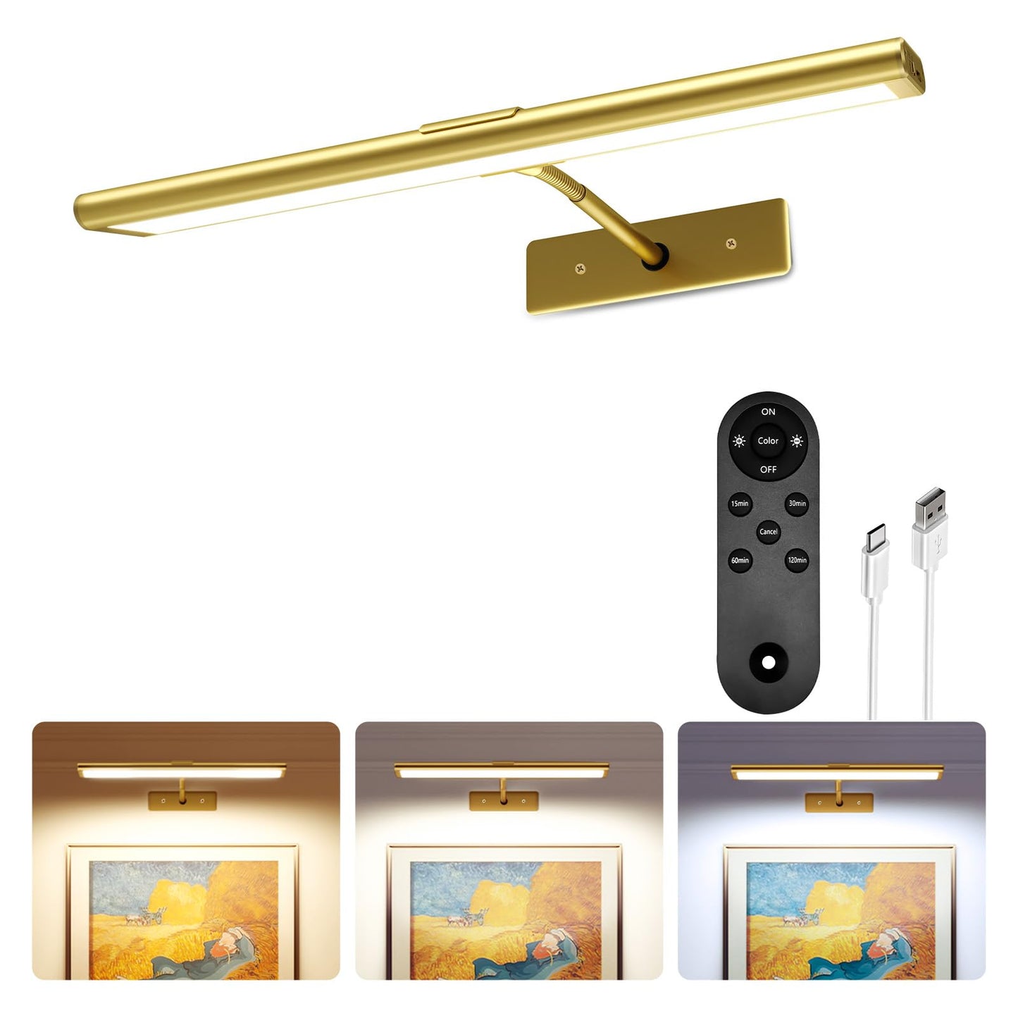 EZVALO Picture Light for Wall, 4800mAh Rechargeable Wireless Remote, 16in Dimmable Magnetic LED Art Display Light with 3 Color Temperatures, for Gallery, Living Room, Bedroom, Hallway (Gold)