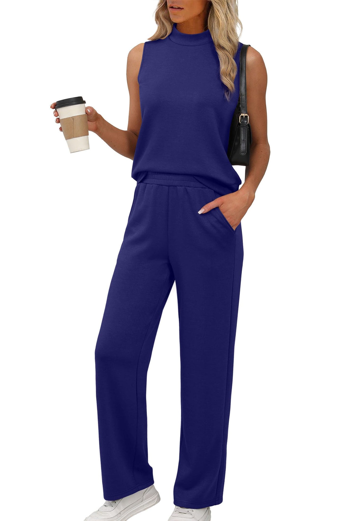 XIEERDUO Two Piece Sets for Women Summer Outfits Travel Mock Neck Lounge Sets Wide Leg Pants Beach Vacation Clothes