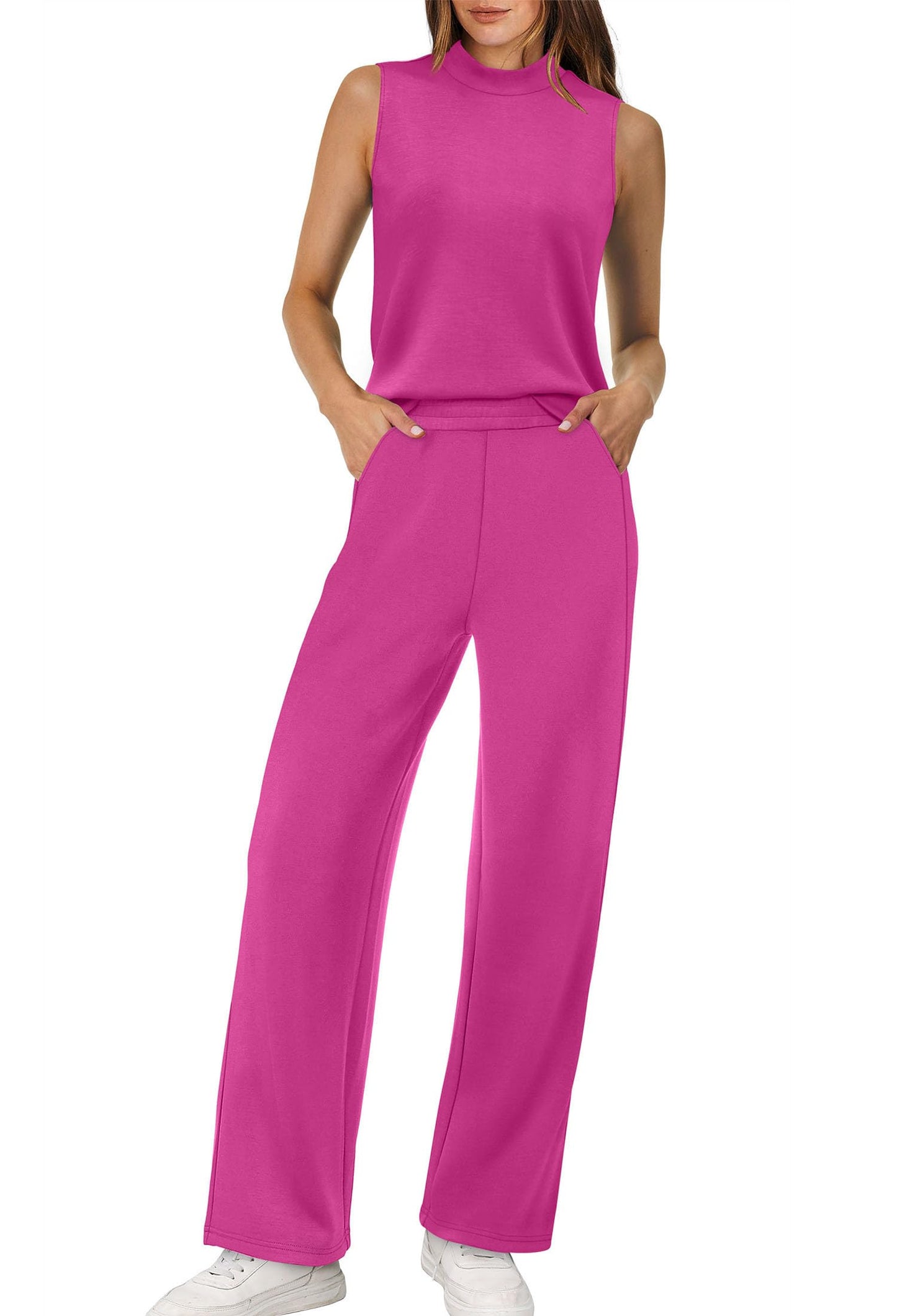 XIEERDUO Two Piece Sets for Women Summer Outfits Travel Mock Neck Lounge Sets Wide Leg Pants Beach Vacation Clothes
