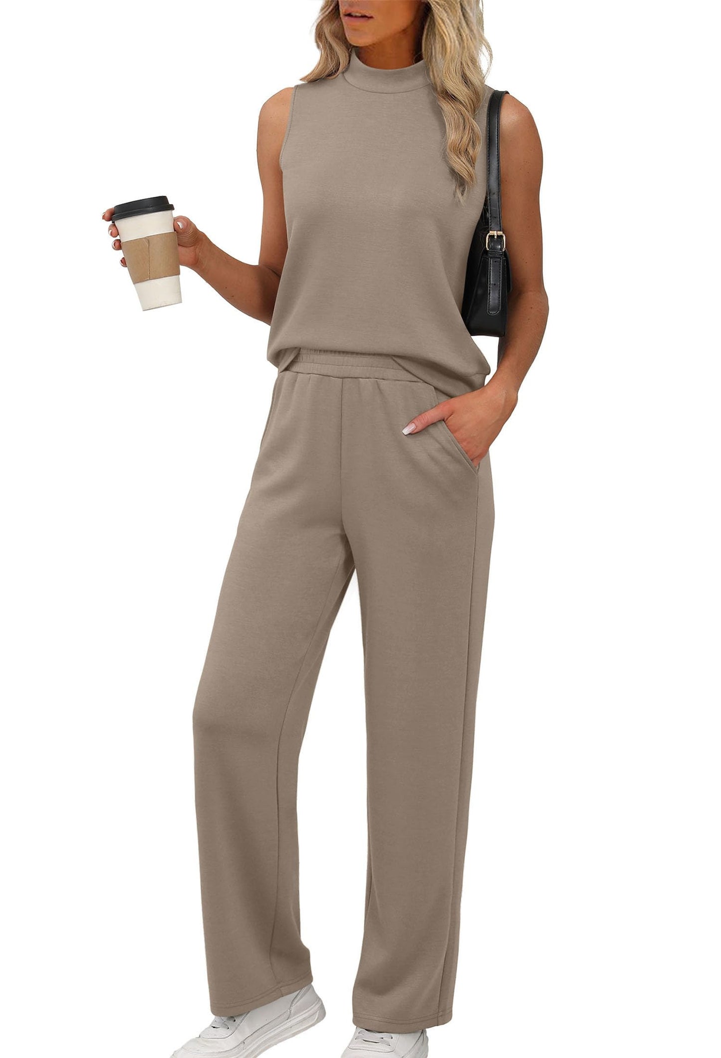 XIEERDUO Two Piece Sets for Women Summer Outfits Travel Mock Neck Lounge Sets Wide Leg Pants Beach Vacation Clothes
