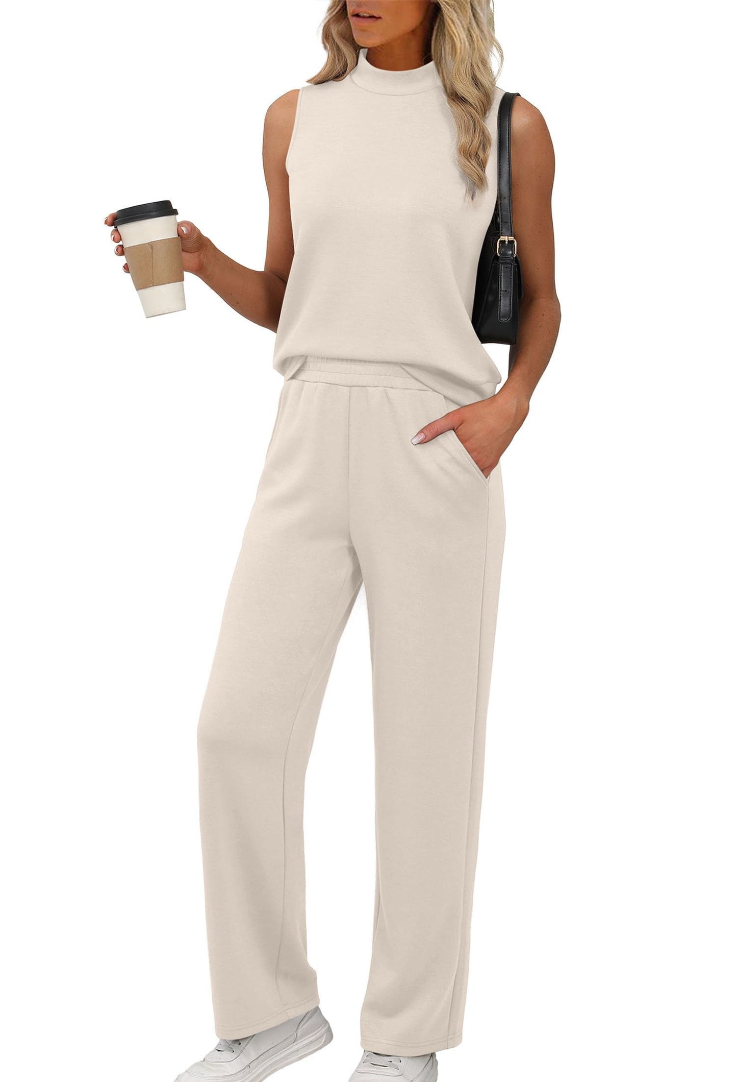 XIEERDUO Two Piece Sets for Women Summer Outfits Travel Mock Neck Lounge Sets Wide Leg Pants Beach Vacation Clothes