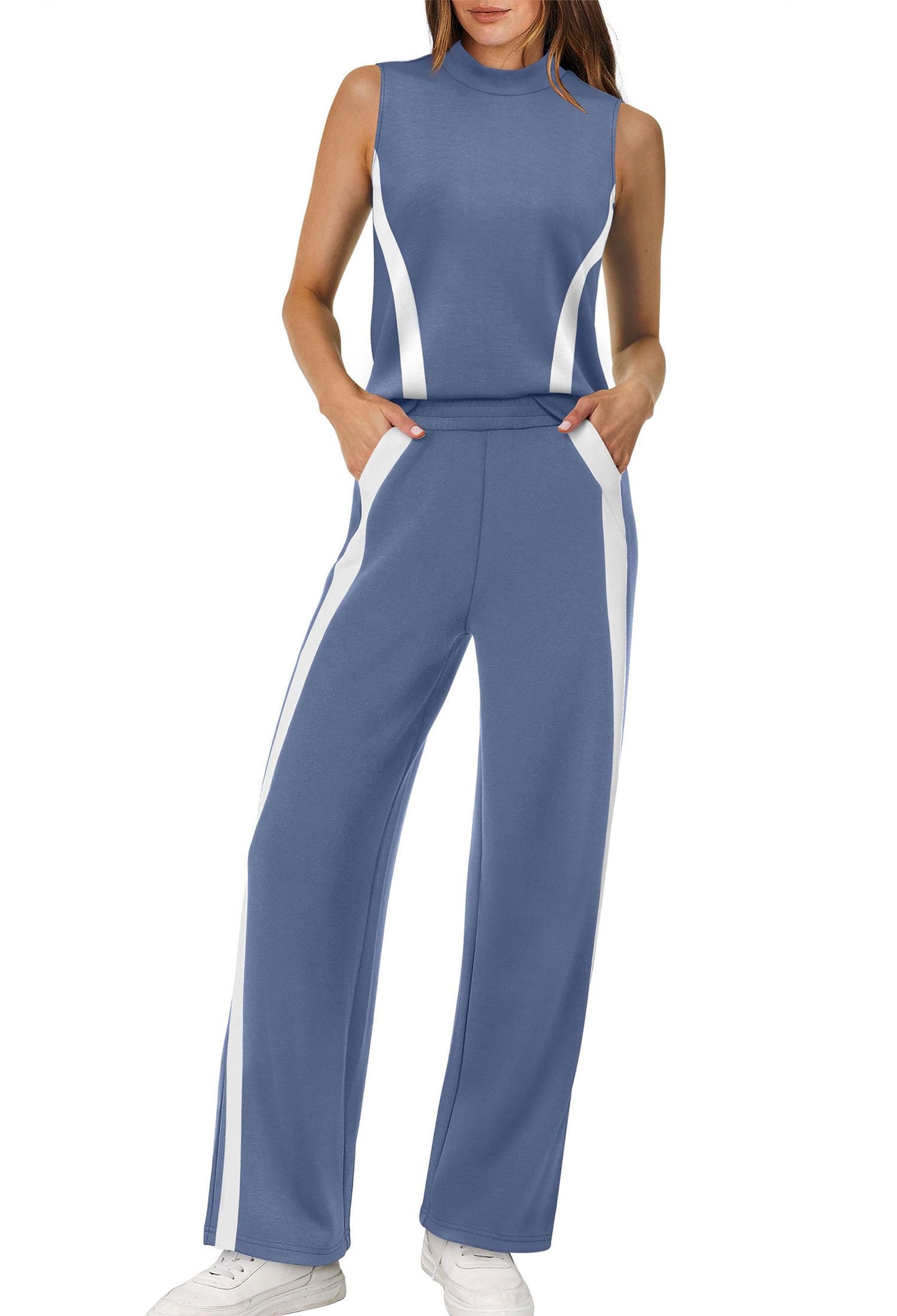 XIEERDUO Two Piece Sets for Women Summer Outfits Travel Mock Neck Lounge Sets Wide Leg Pants Beach Vacation Clothes