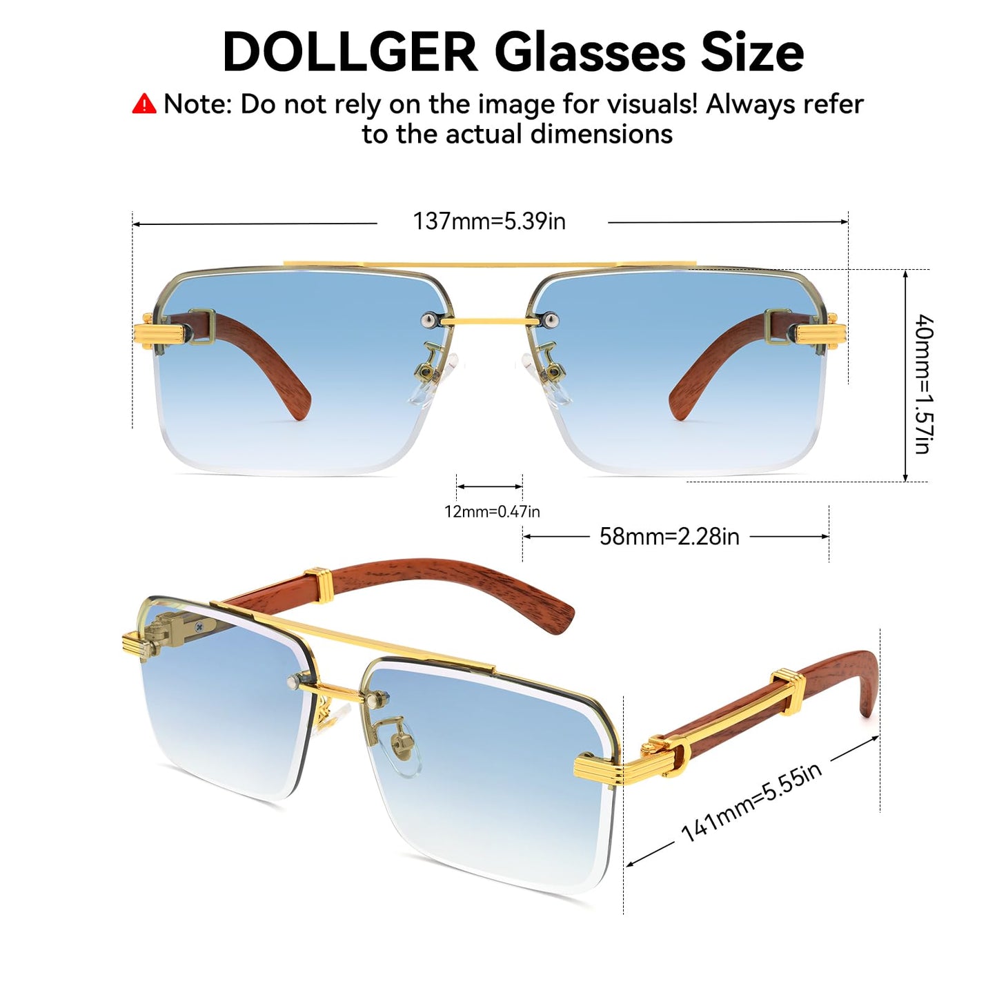 Dollger Rimless Sunglasses for Men Square Fashion Shades Tinted Lens Metal Frameless Rectangle Glasses UV400