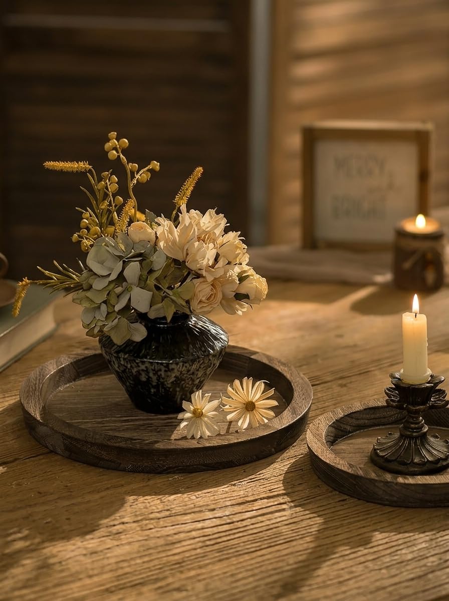 Hanobe Candle Plate Holder Tray: Round Wood Decorative Candle Plate - Rustic Farmhouse CoffeeTable Decor - Tealight Pillar Trays for Home Decor (Distressed)