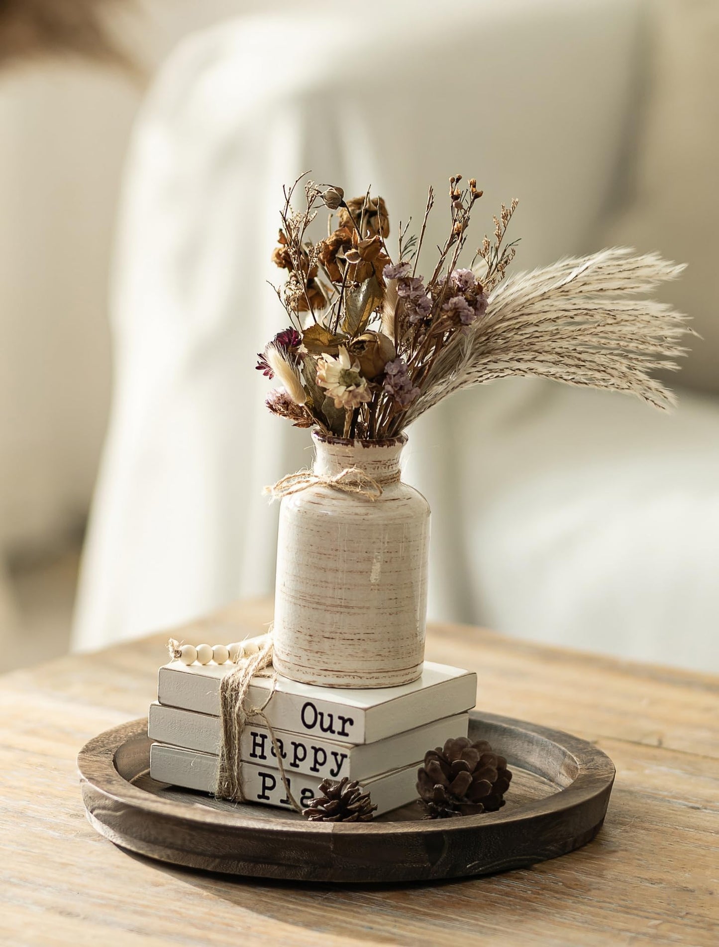 Hanobe Candle Plate Holder Tray: Round Wood Decorative Candle Plate - Rustic Farmhouse CoffeeTable Decor - Tealight Pillar Trays for Home Decor (Distressed)