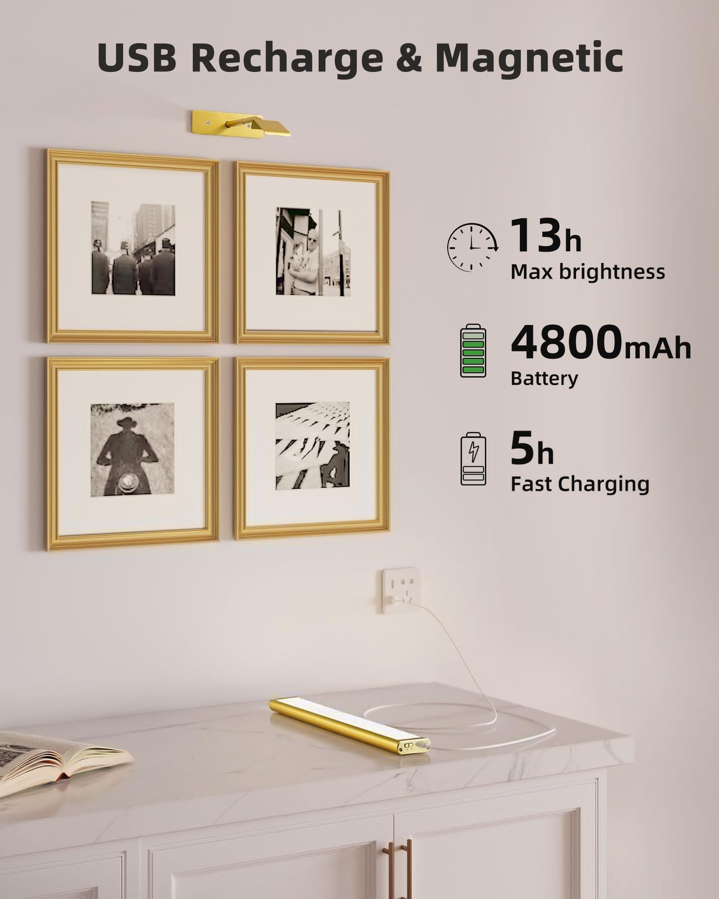 EZVALO Picture Light for Wall, 4800mAh Rechargeable Wireless Remote, 16in Dimmable Magnetic LED Art Display Light with 3 Color Temperatures, for Gallery, Living Room, Bedroom, Hallway (Gold)