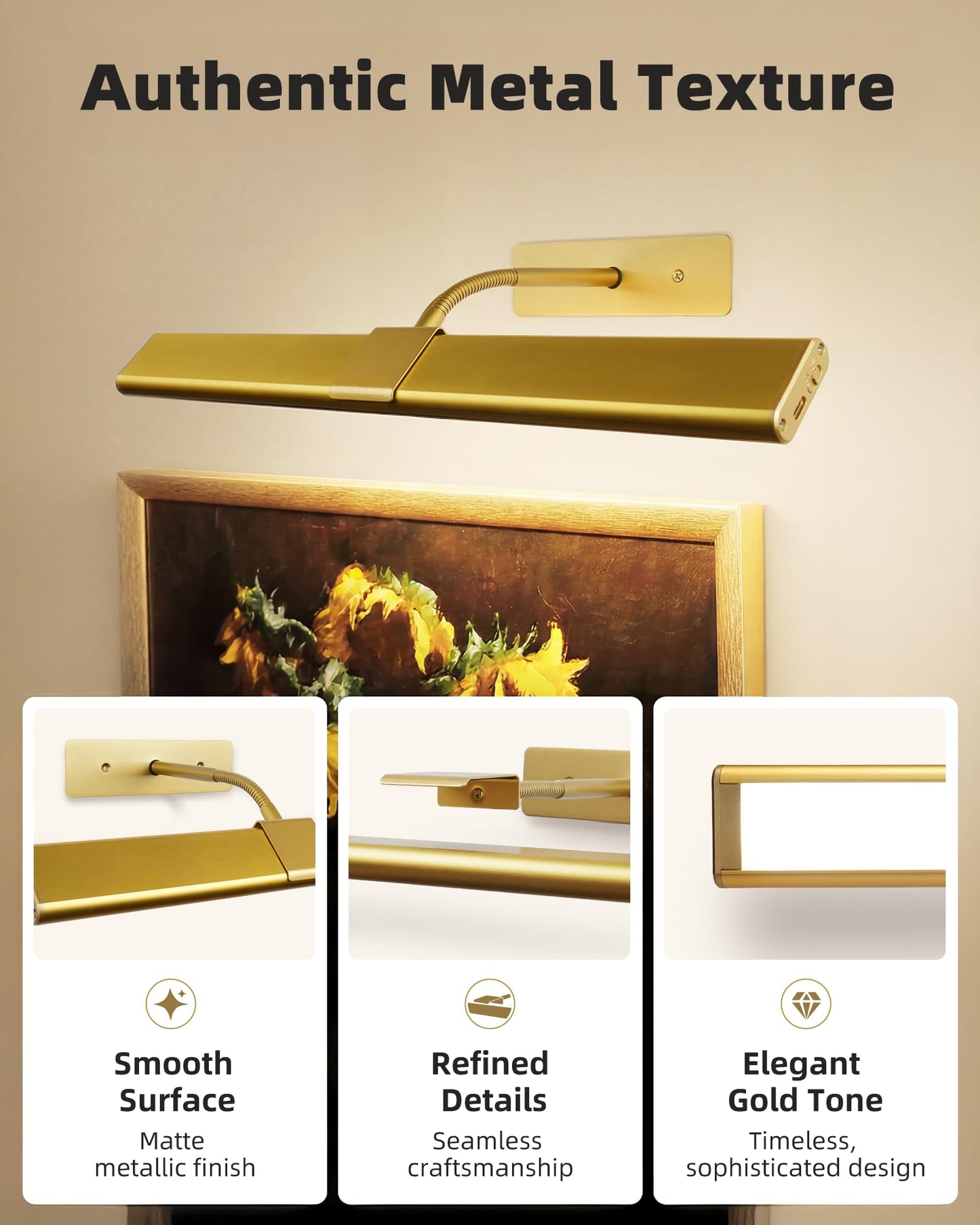 EZVALO Picture Light for Wall, 4800mAh Rechargeable Wireless Remote, 16in Dimmable Magnetic LED Art Display Light with 3 Color Temperatures, for Gallery, Living Room, Bedroom, Hallway (Gold)