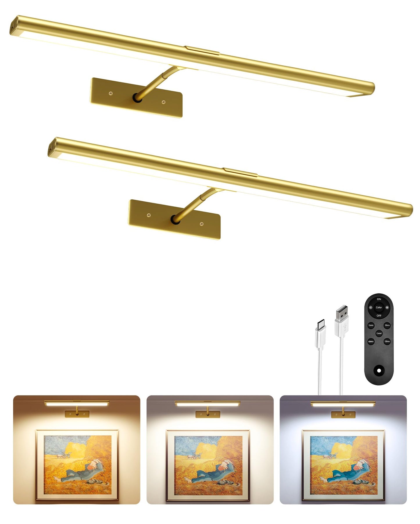 EZVALO Picture Light for Wall, 4800mAh Rechargeable Wireless Remote, 16in Dimmable Magnetic LED Art Display Light with 3 Color Temperatures, for Gallery, Living Room, Bedroom, Hallway (Gold)
