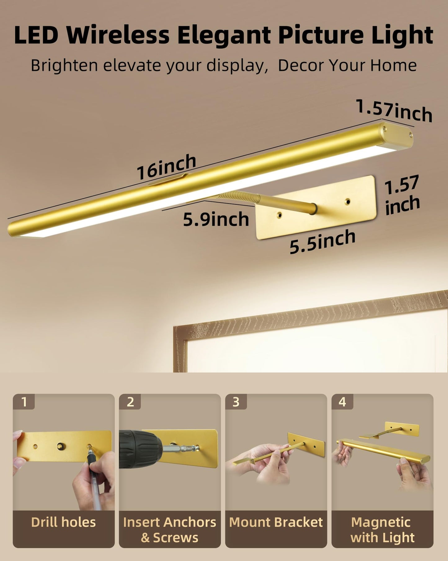 EZVALO Picture Light for Wall, 4800mAh Rechargeable Wireless Remote, 16in Dimmable Magnetic LED Art Display Light with 3 Color Temperatures, for Gallery, Living Room, Bedroom, Hallway (Gold)