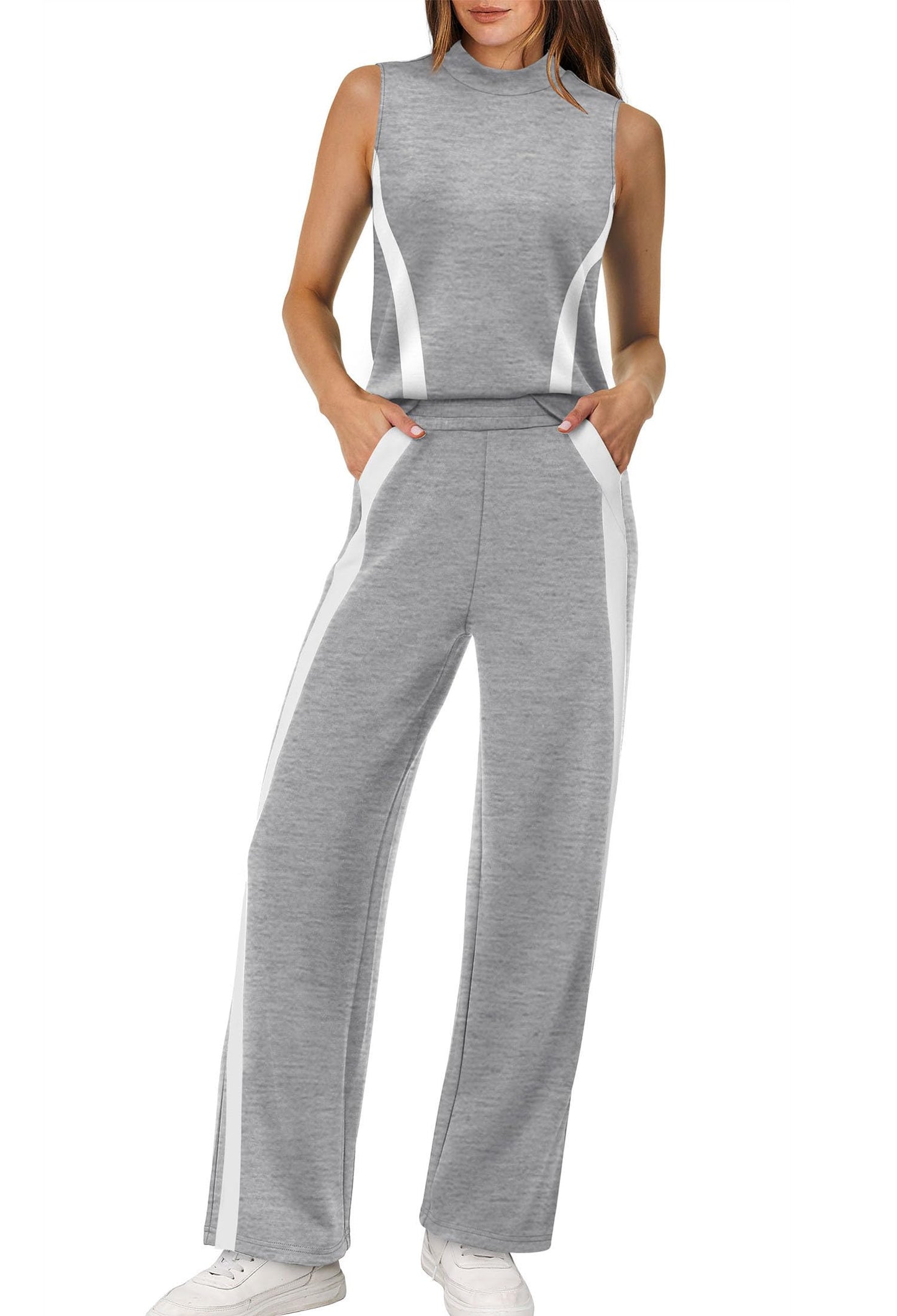 XIEERDUO Two Piece Sets for Women Summer Outfits Travel Mock Neck Lounge Sets Wide Leg Pants Beach Vacation Clothes