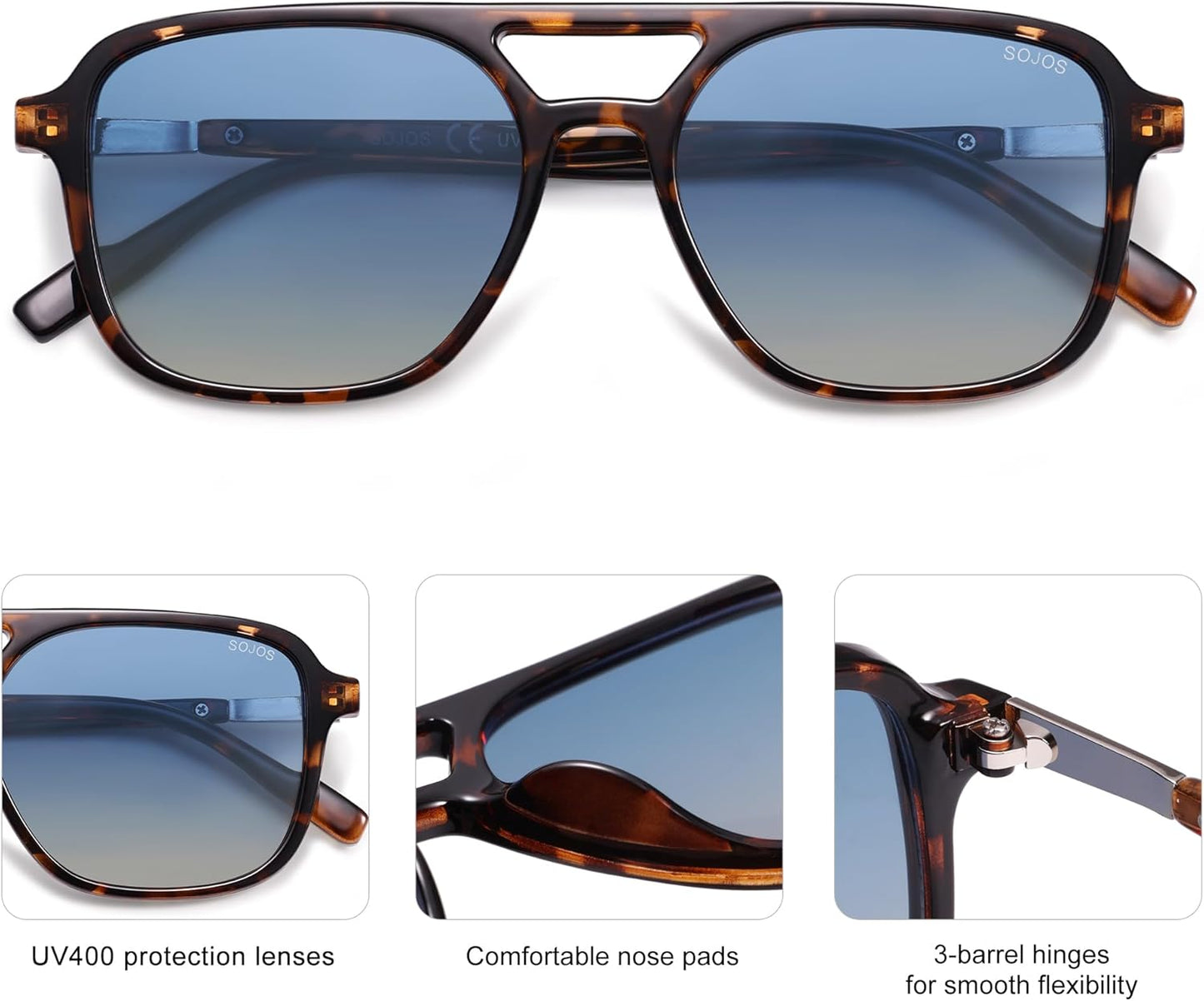 SOJOS Retro Aviator Sunglasses for Women Men,Trendy Rectangle Womens Mens Shades Sun Glasses SJ2202