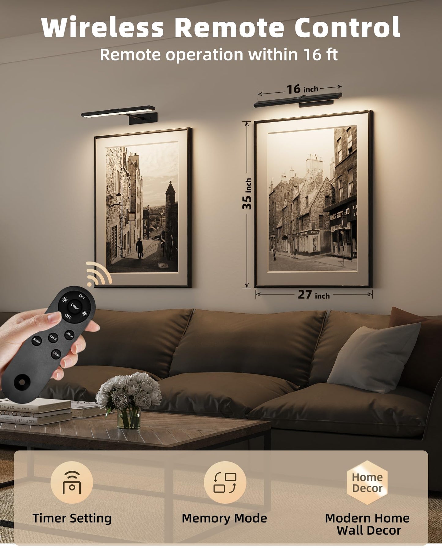 EZVALO Picture Light for Wall, 4800mAh Rechargeable Wireless Remote, 16in Dimmable Magnetic LED Art Display Light with 3 Color Temperatures, for Gallery, Living Room, Bedroom, Hallway (Gold)