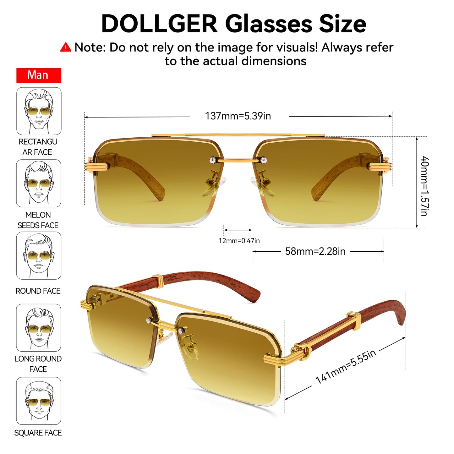 Dollger Rimless Sunglasses for Men Square Fashion Shades Tinted Lens Metal Frameless Rectangle Glasses UV400