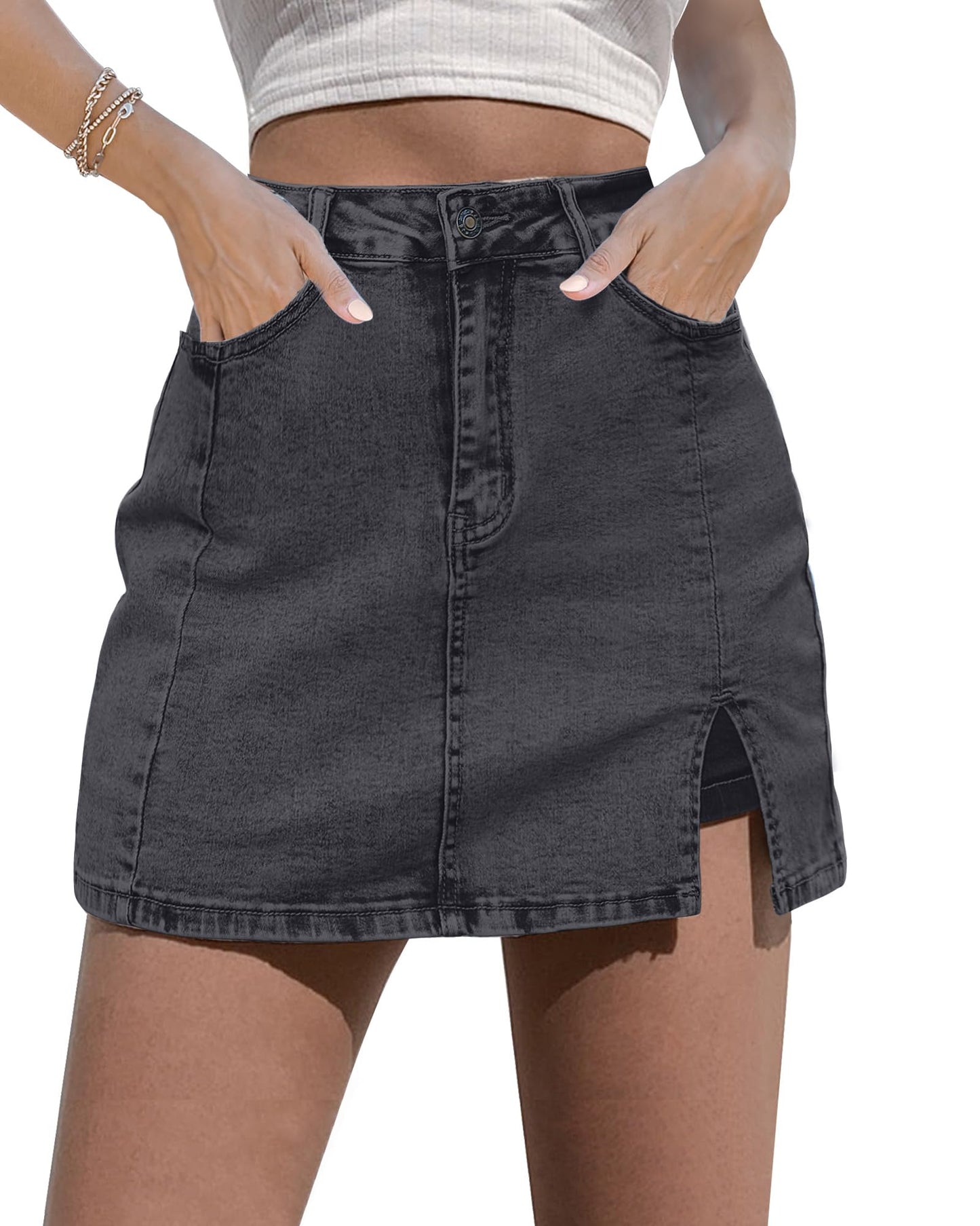 luvamia Skorts Skirts for Women Denim Mini Skirt Side Slit with High Waisted Jean Shorts Stretchy