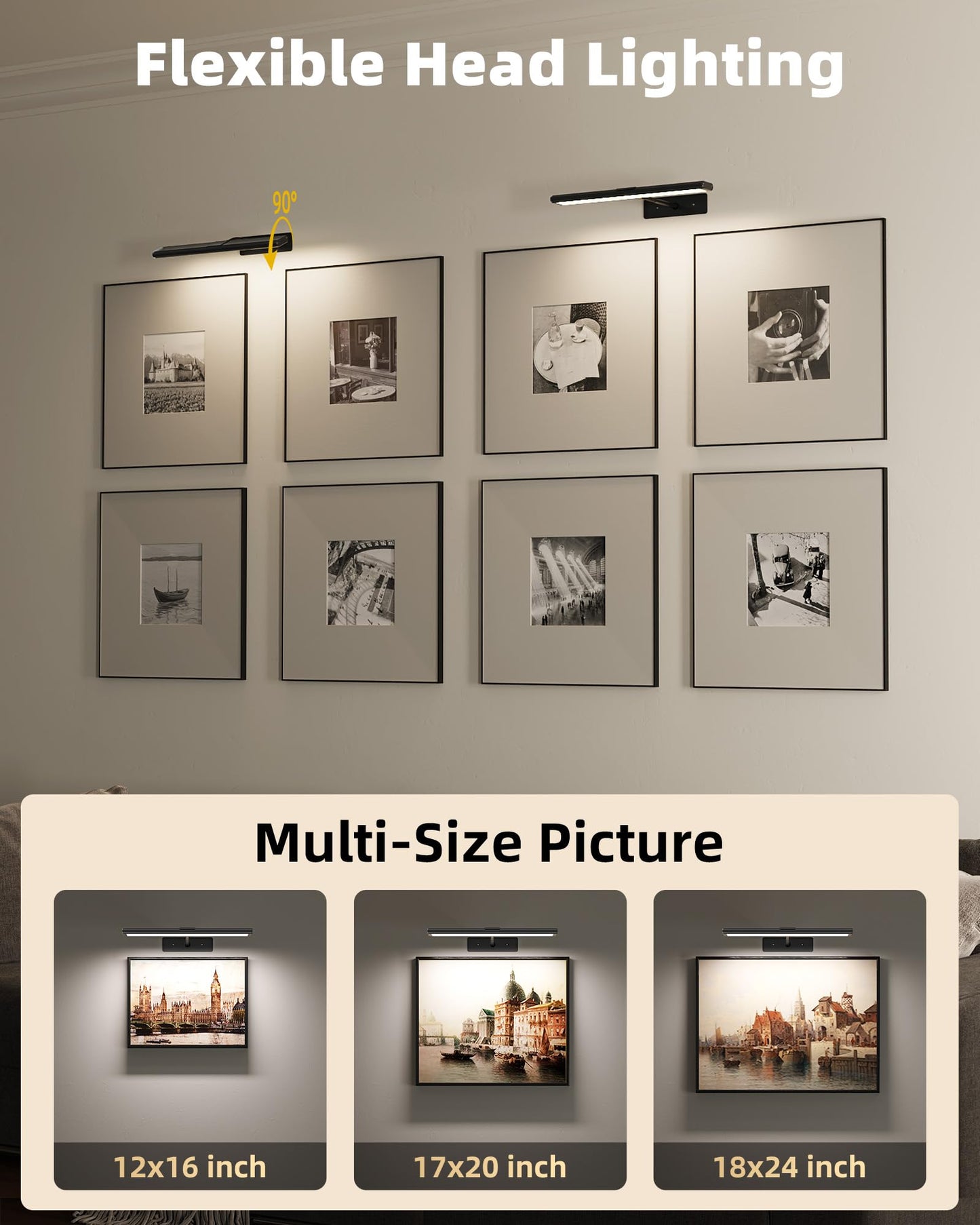 EZVALO Picture Light for Wall, 4800mAh Rechargeable Wireless Remote, 16in Dimmable Magnetic LED Art Display Light with 3 Color Temperatures, for Gallery, Living Room, Bedroom, Hallway (Gold)