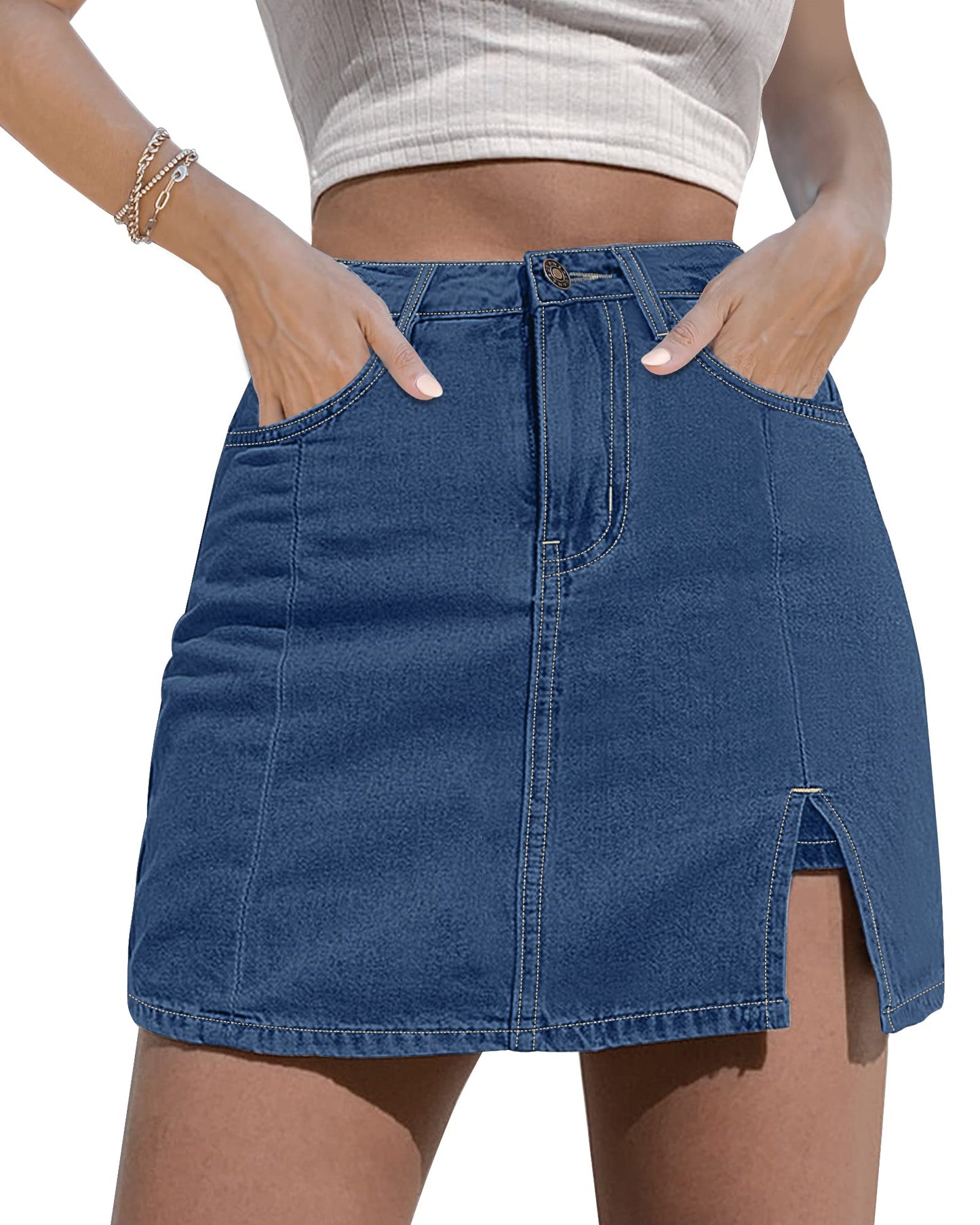 luvamia Skorts Skirts for Women Denim Mini Skirt Side Slit with High Waisted Jean Shorts Stretchy