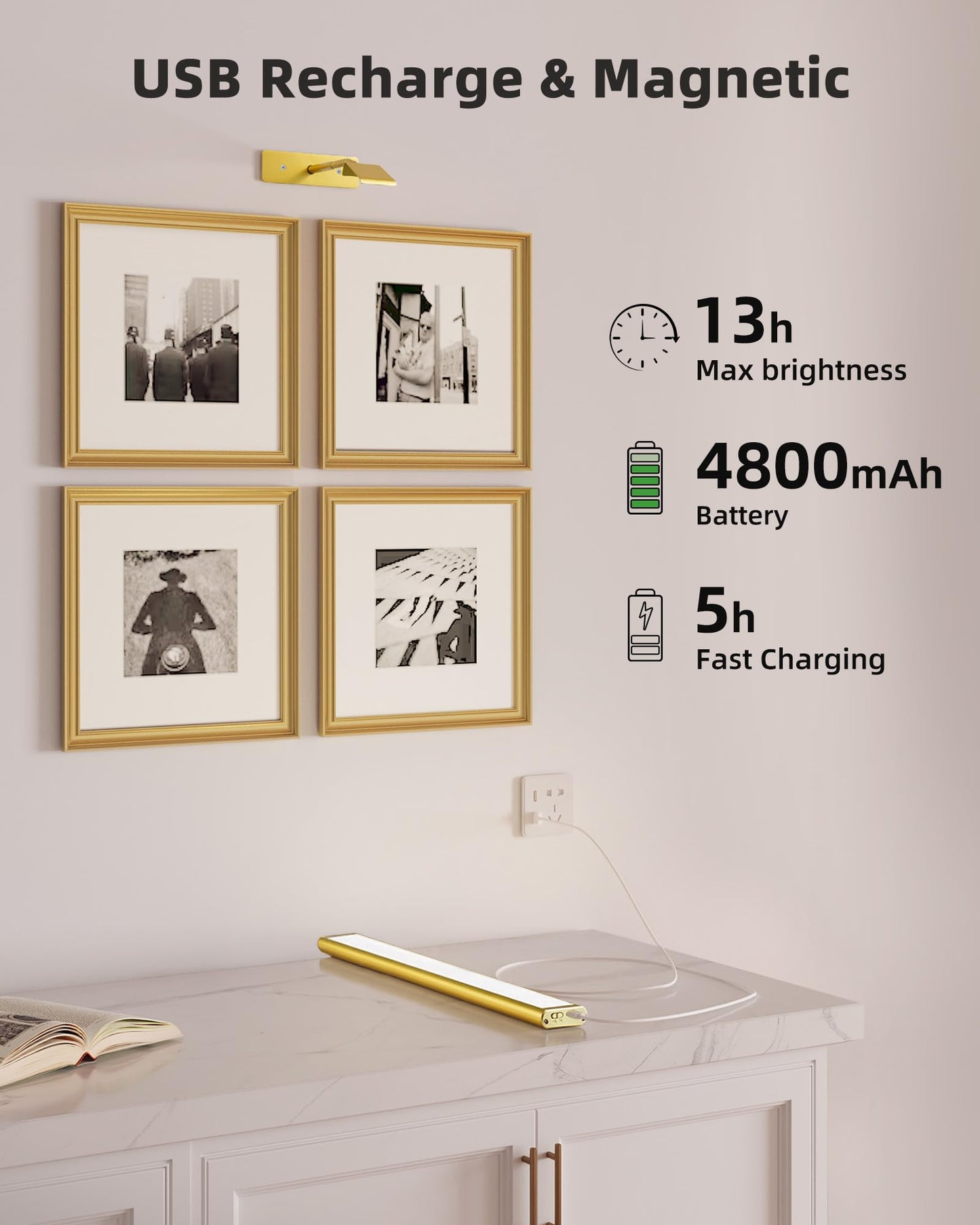 EZVALO Picture Light for Wall, 4800mAh Rechargeable Wireless Remote, 16in Dimmable Magnetic LED Art Display Light with 3 Color Temperatures, for Gallery, Living Room, Bedroom, Hallway (Gold)