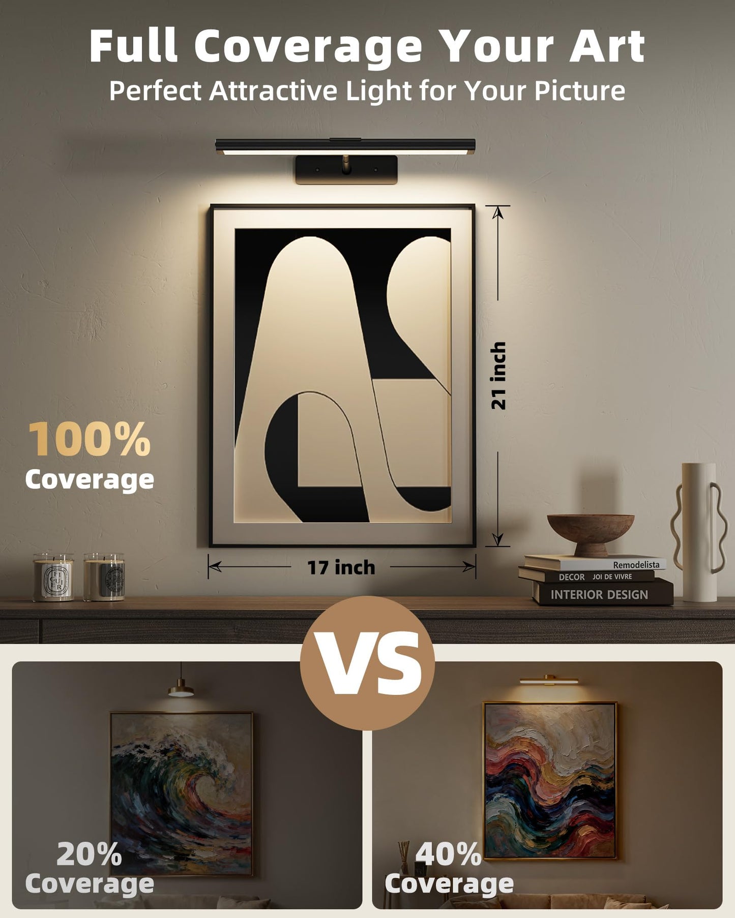 EZVALO Picture Light for Wall, 4800mAh Rechargeable Wireless Remote, 16in Dimmable Magnetic LED Art Display Light with 3 Color Temperatures, for Gallery, Living Room, Bedroom, Hallway (Gold)