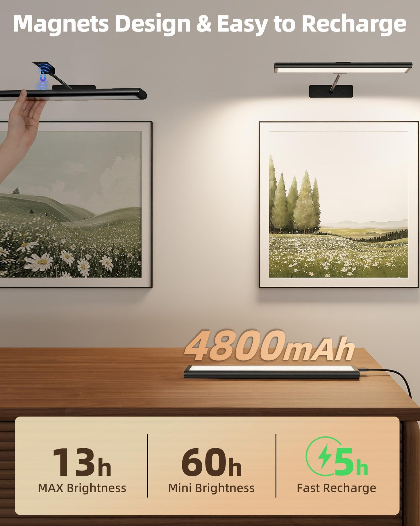 EZVALO Picture Light for Wall, 4800mAh Rechargeable Wireless Remote, 16in Dimmable Magnetic LED Art Display Light with 3 Color Temperatures, for Gallery, Living Room, Bedroom, Hallway (Gold)