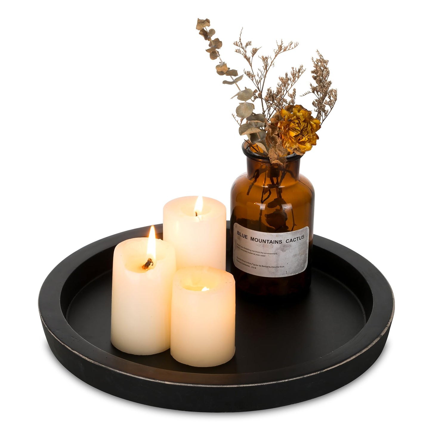 Hanobe Candle Plate Holder Tray: Round Wood Decorative Candle Plate - Rustic Farmhouse CoffeeTable Decor - Tealight Pillar Trays for Home Decor (Distressed)