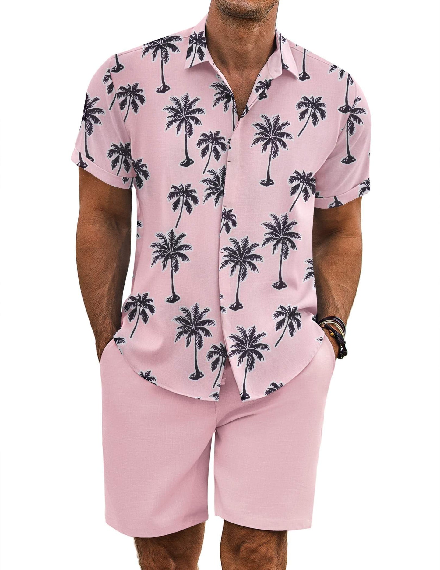 COOFANDY Men's Summer Beach Outfits 2 Piece Short Sleeve Shirts and Shorts Vacation Texture Linen Sets for Men