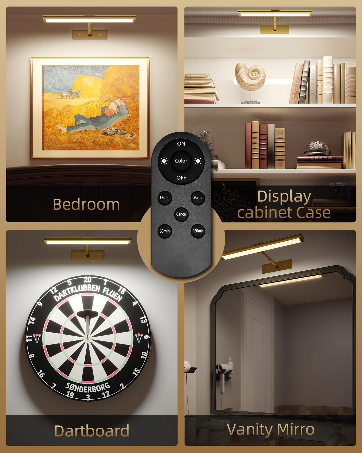 EZVALO Picture Light for Wall, 4800mAh Rechargeable Wireless Remote, 16in Dimmable Magnetic LED Art Display Light with 3 Color Temperatures, for Gallery, Living Room, Bedroom, Hallway (Gold)