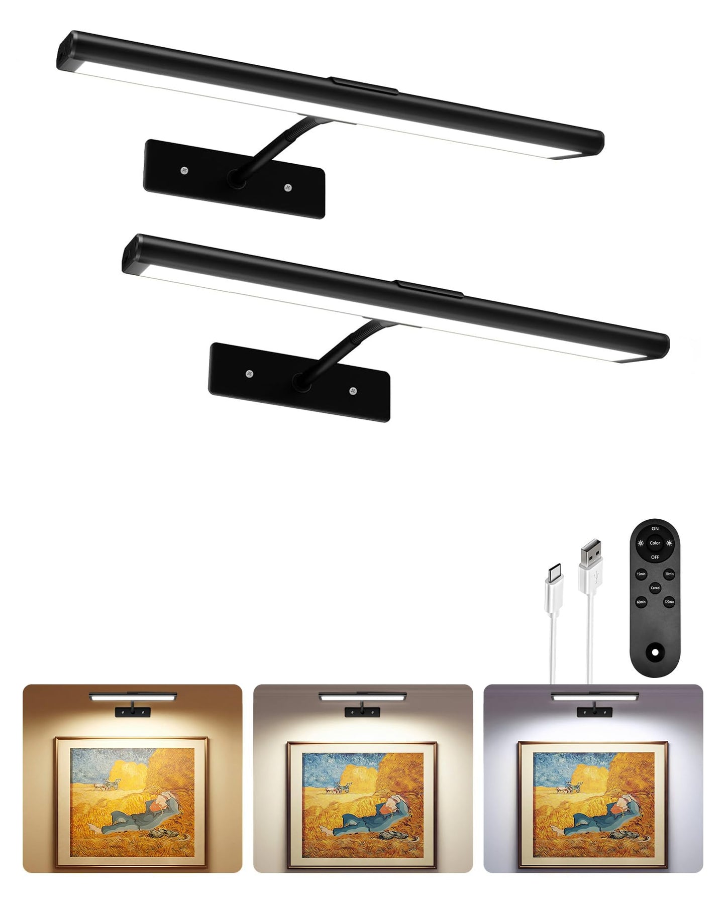 EZVALO Picture Light for Wall, 4800mAh Rechargeable Wireless Remote, 16in Dimmable Magnetic LED Art Display Light with 3 Color Temperatures, for Gallery, Living Room, Bedroom, Hallway (Gold)