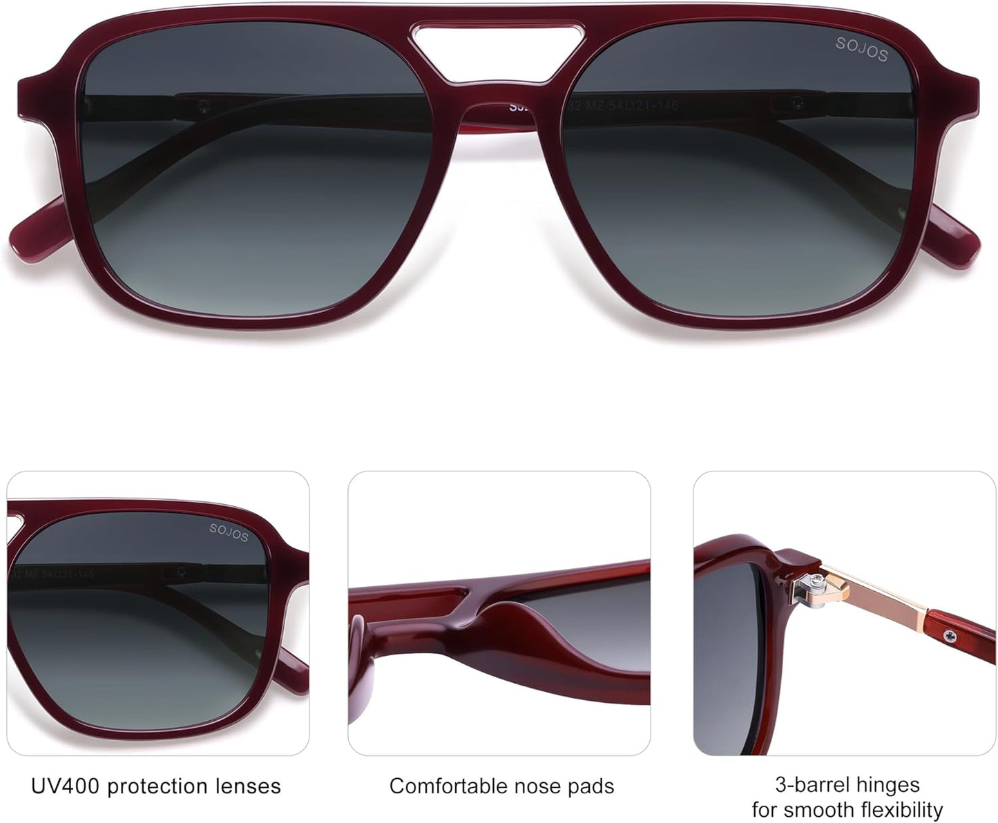 SOJOS Retro Aviator Sunglasses for Women Men,Trendy Rectangle Womens Mens Shades Sun Glasses SJ2202