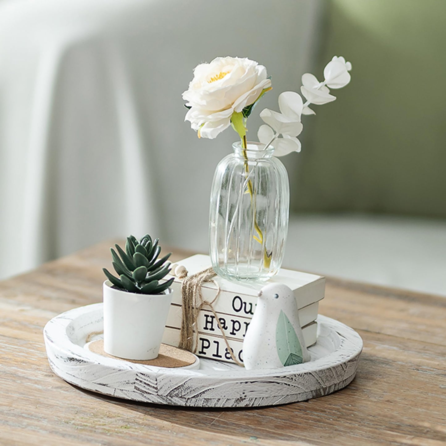 Hanobe Candle Plate Holder Tray: Round Wood Decorative Candle Plate - Rustic Farmhouse CoffeeTable Decor - Tealight Pillar Trays for Home Decor (Distressed)